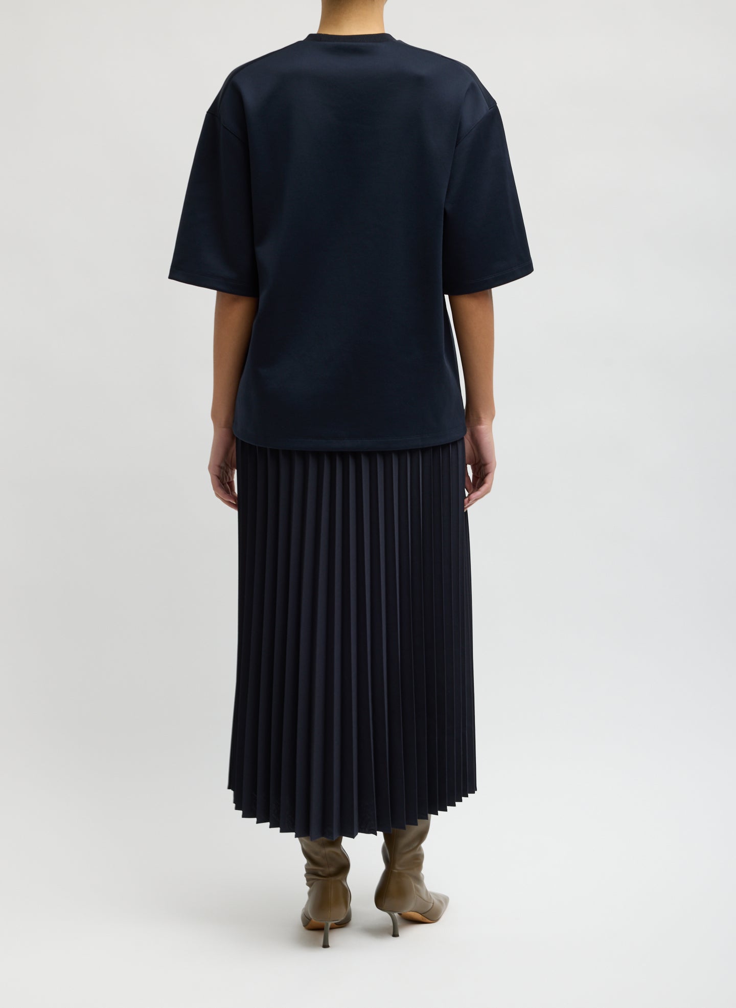 Navy Tropical Wool Pleating Sunray Skirt - pleated midi skirt, back view on model