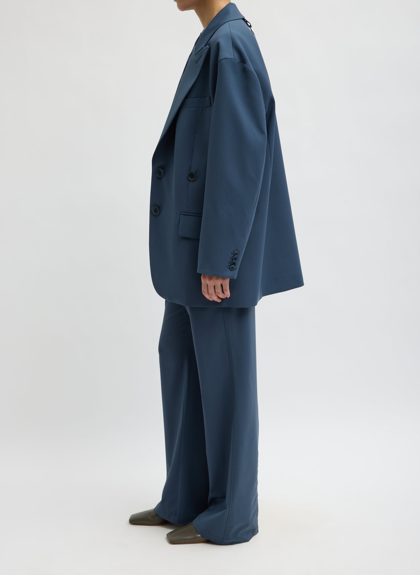 Blue Fog Tropical Wool Liam Blazer - oversized blazer, side view on model