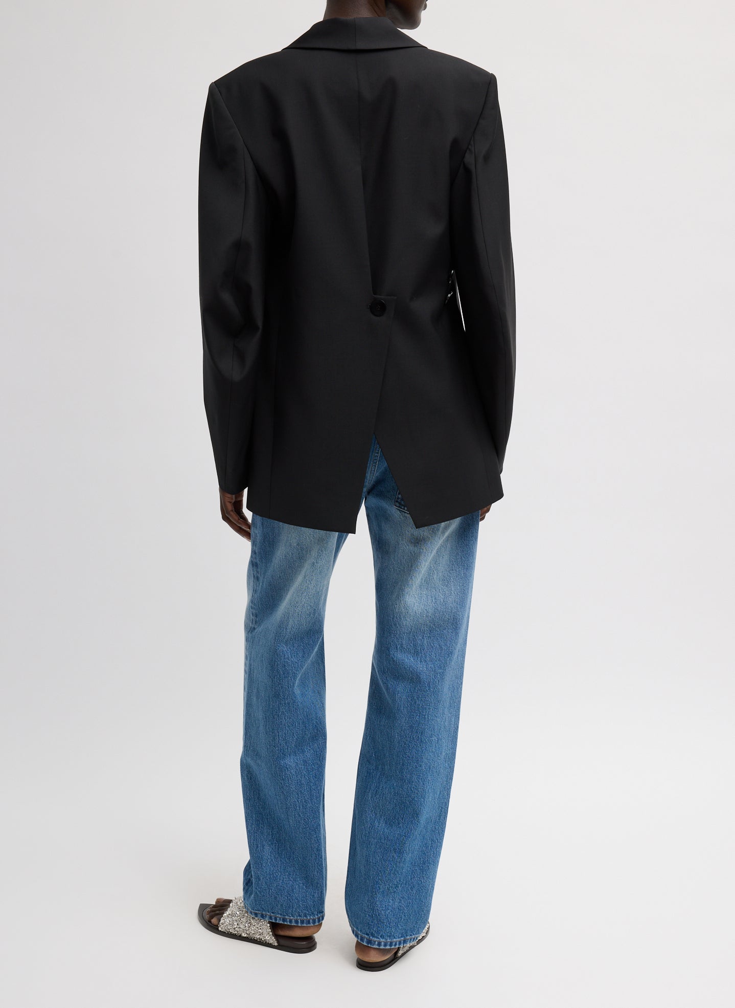 Black Tropical Wool Sculpted Blazer - full look, back view on model