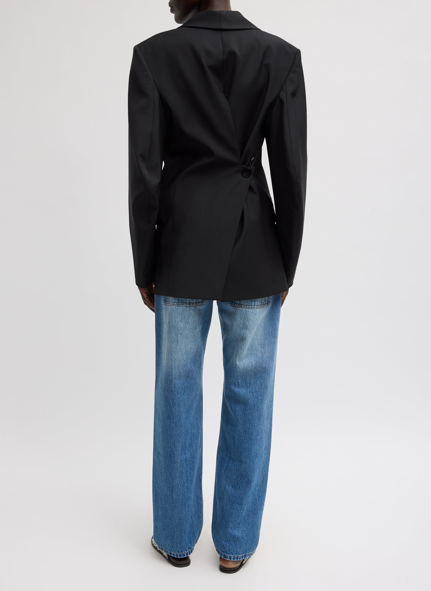 Black Tropical Wool Sculpted Blazer - full look, back view on model