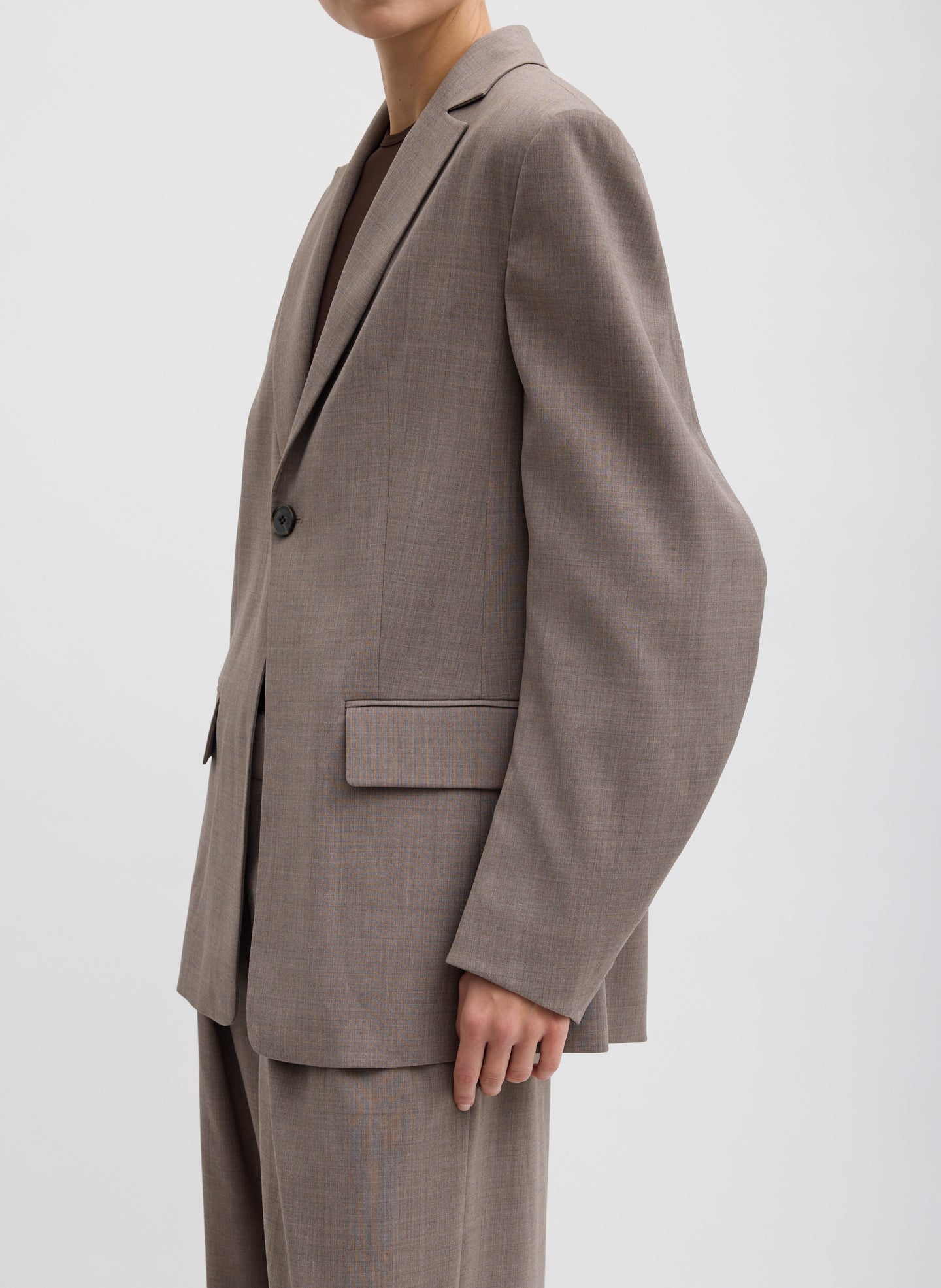 Cedar Melange Tropical Wool Sculpted Blazer - side view on model