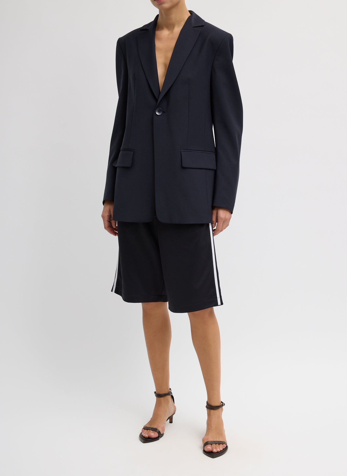 Navy Tropical Wool Sculpted Blazer - full look, front view on model