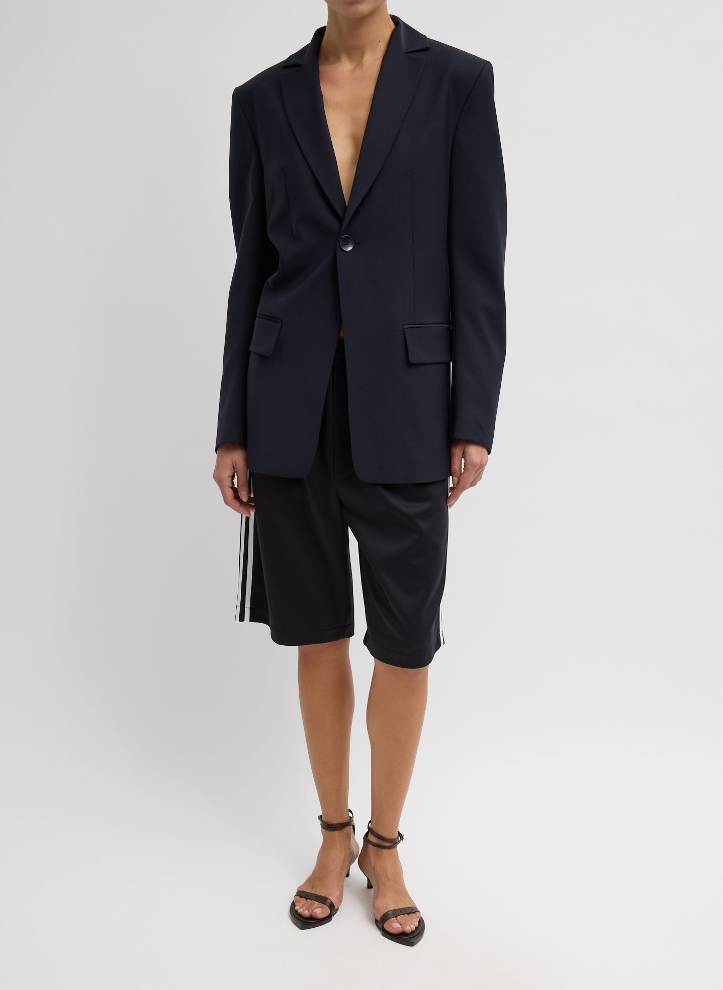 Tropical Wool Sculpted Blazer - Navy Tropical Wool Sculpted Blazer - full look, front view on model