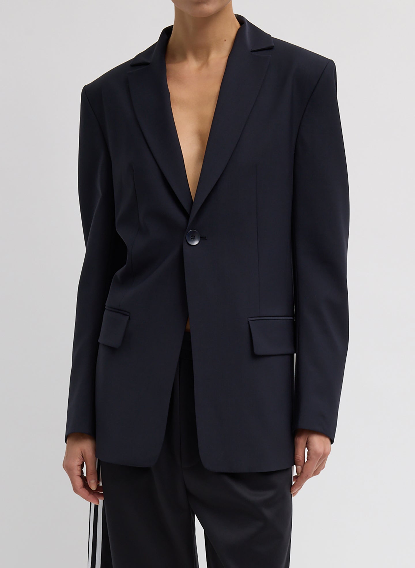 Navy Tropical Wool Sculpted Blazer - front view on model