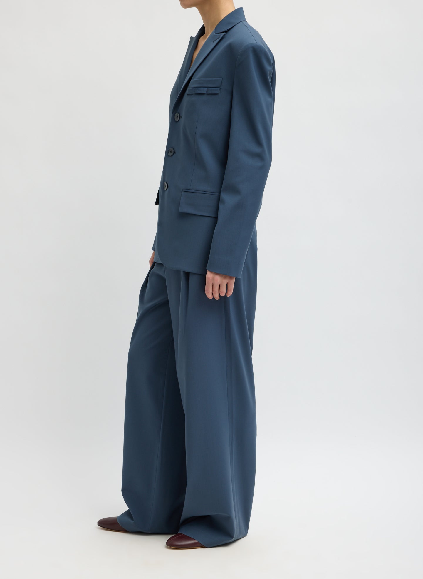 Blue Fog Tropical Wool Dennis Cutout Blazer - side view on model