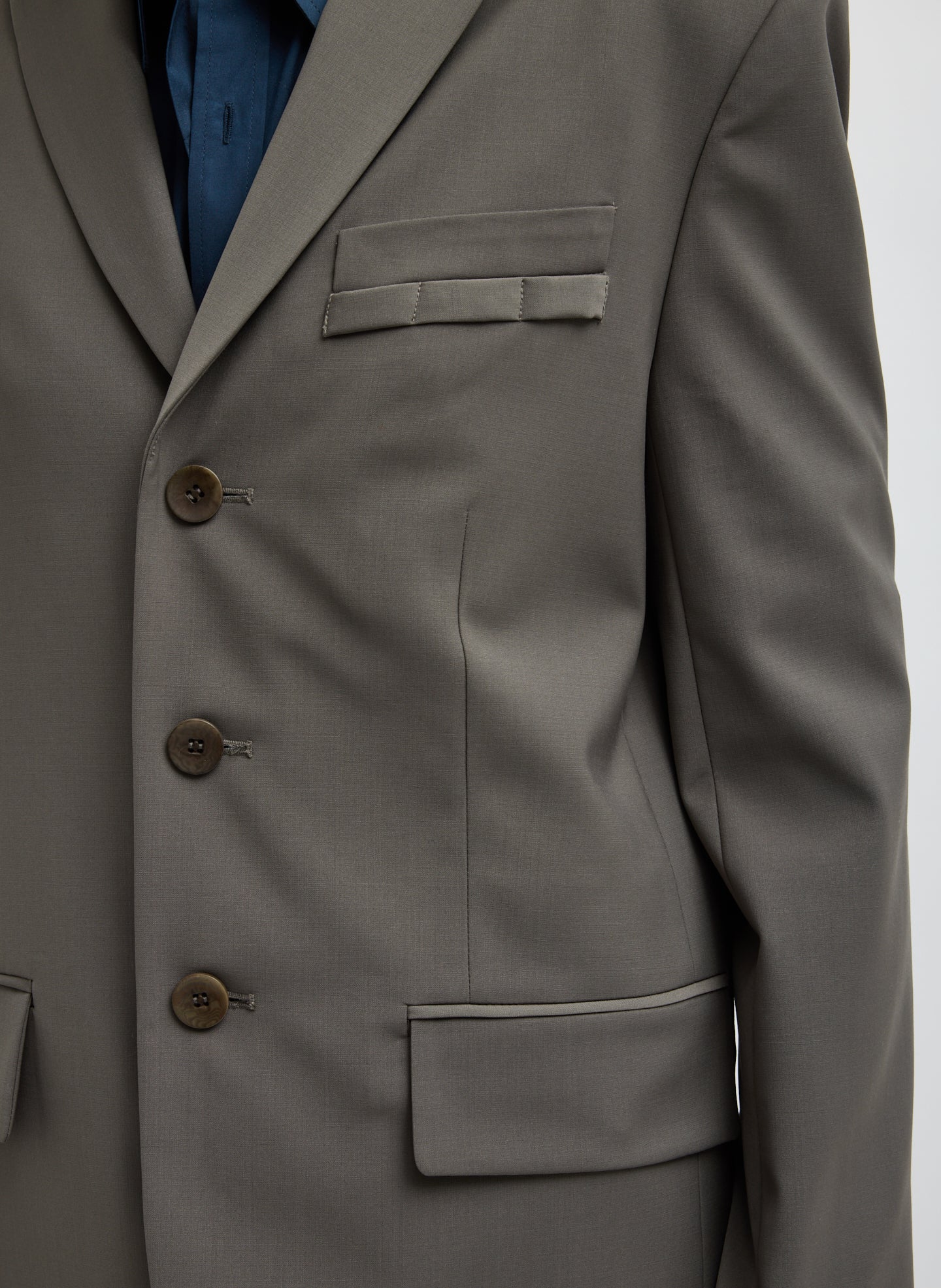 Dark Stone Grey Tropical Wool Dennis Cut Out Blazer - closeup of front pockets