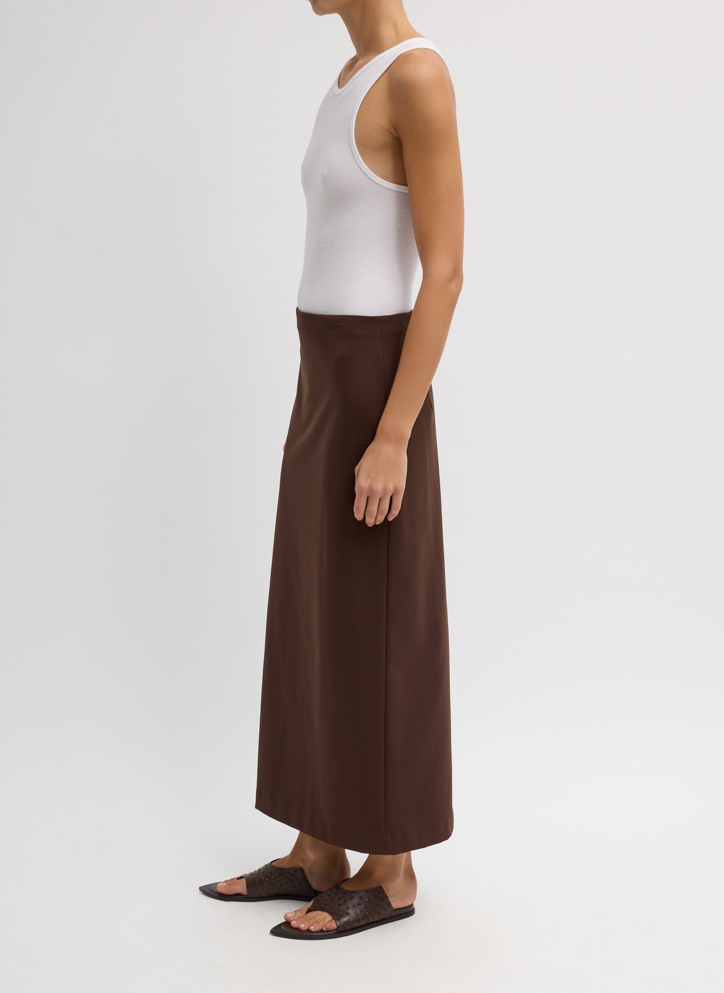 Brown Compact Ultra Stretch Knit Pencil Skirt - maxi skirt, side view on model