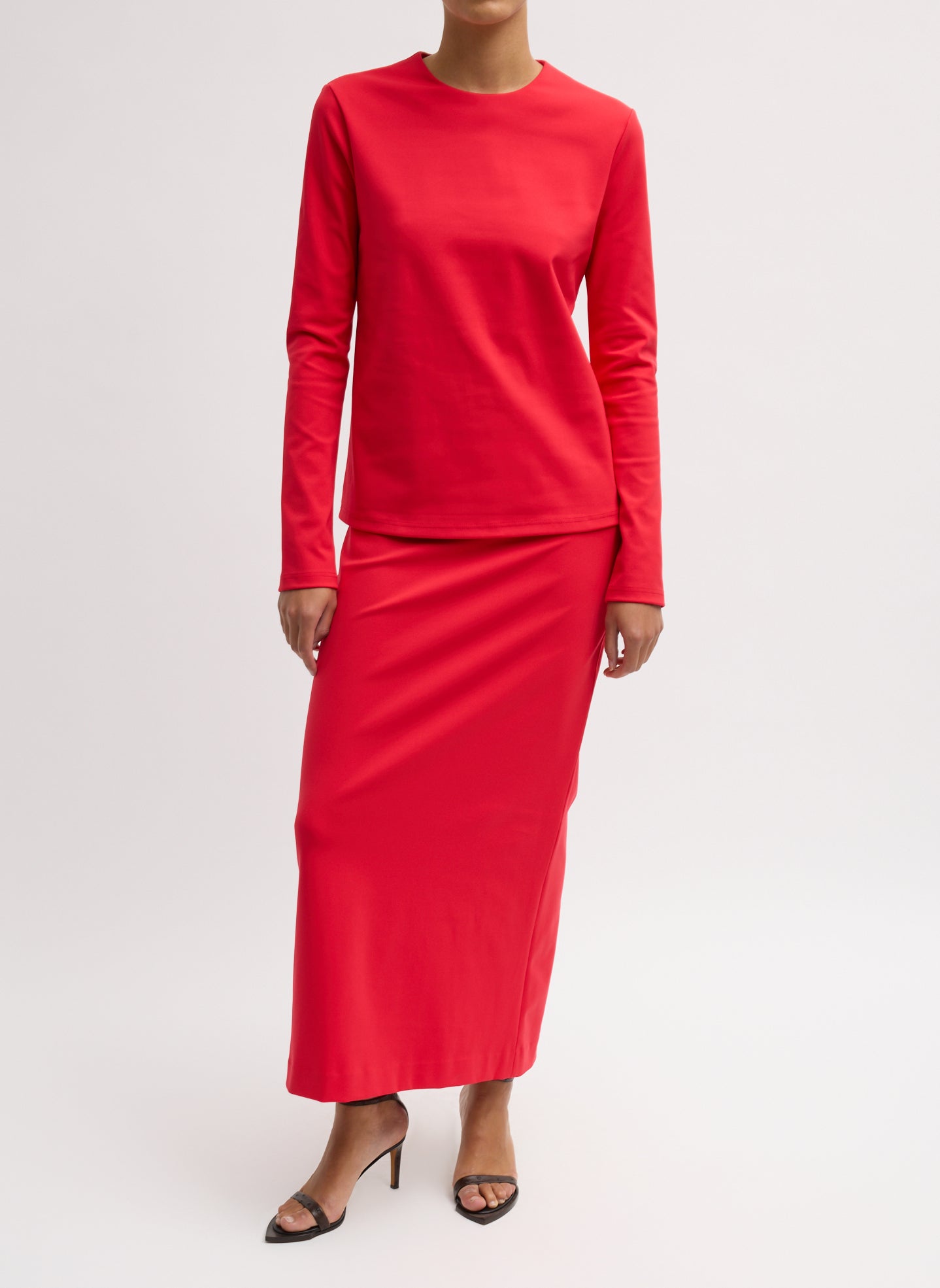 Red Compact Ultra Stretch Knit Pencil Skirt - full look, front view on model