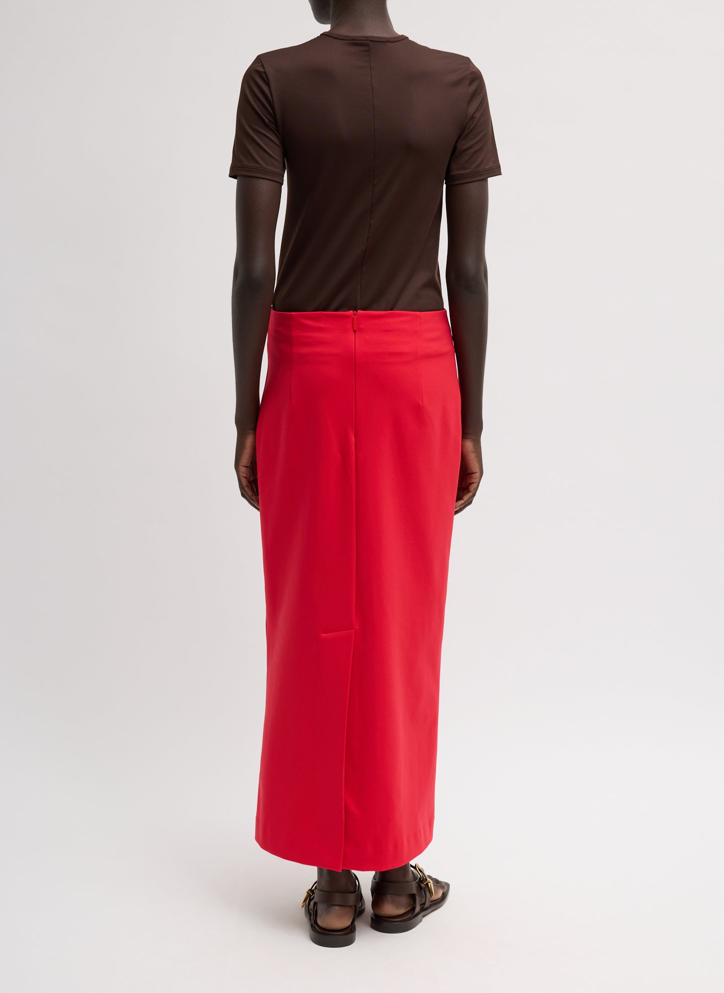 Red Compact Ultra Stretch Knit Pencil Skirt - maxi skirt, back view on model