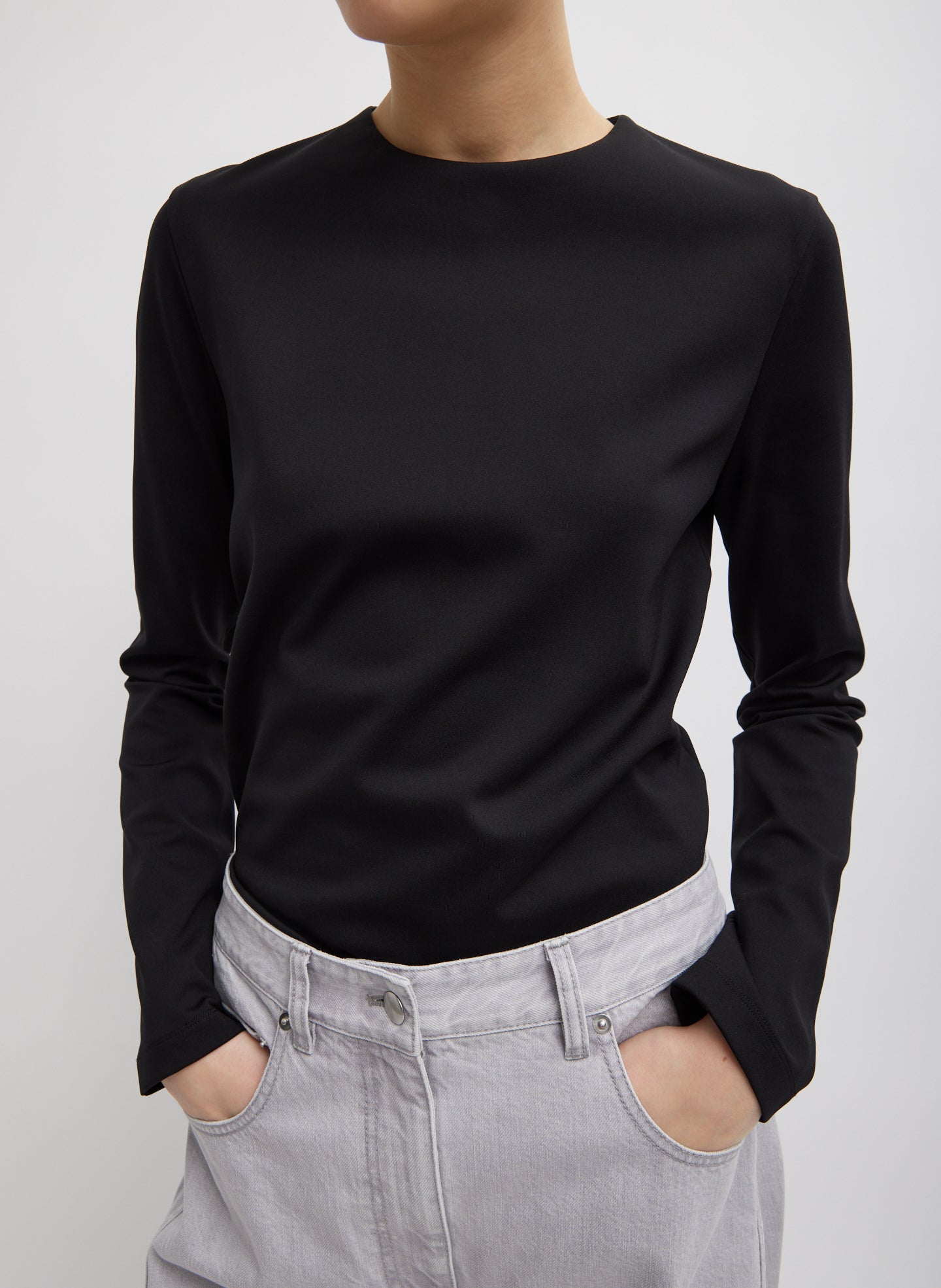 Compact Ultra Stretch Knit Long Sleeve Slim Top - Black-1