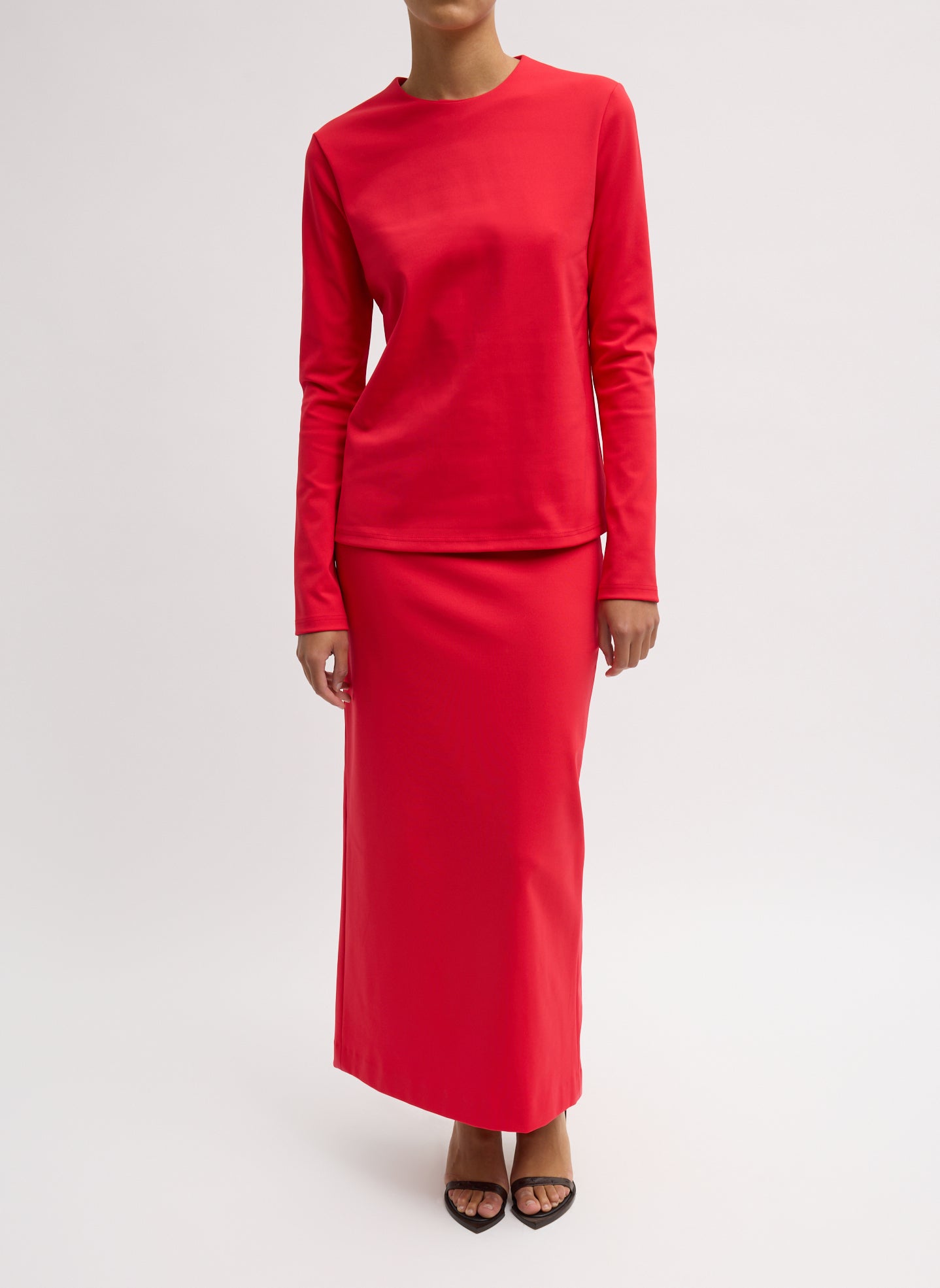 Compact Ultra Stretch Knit Long Sleeve Top - full look, front view on model