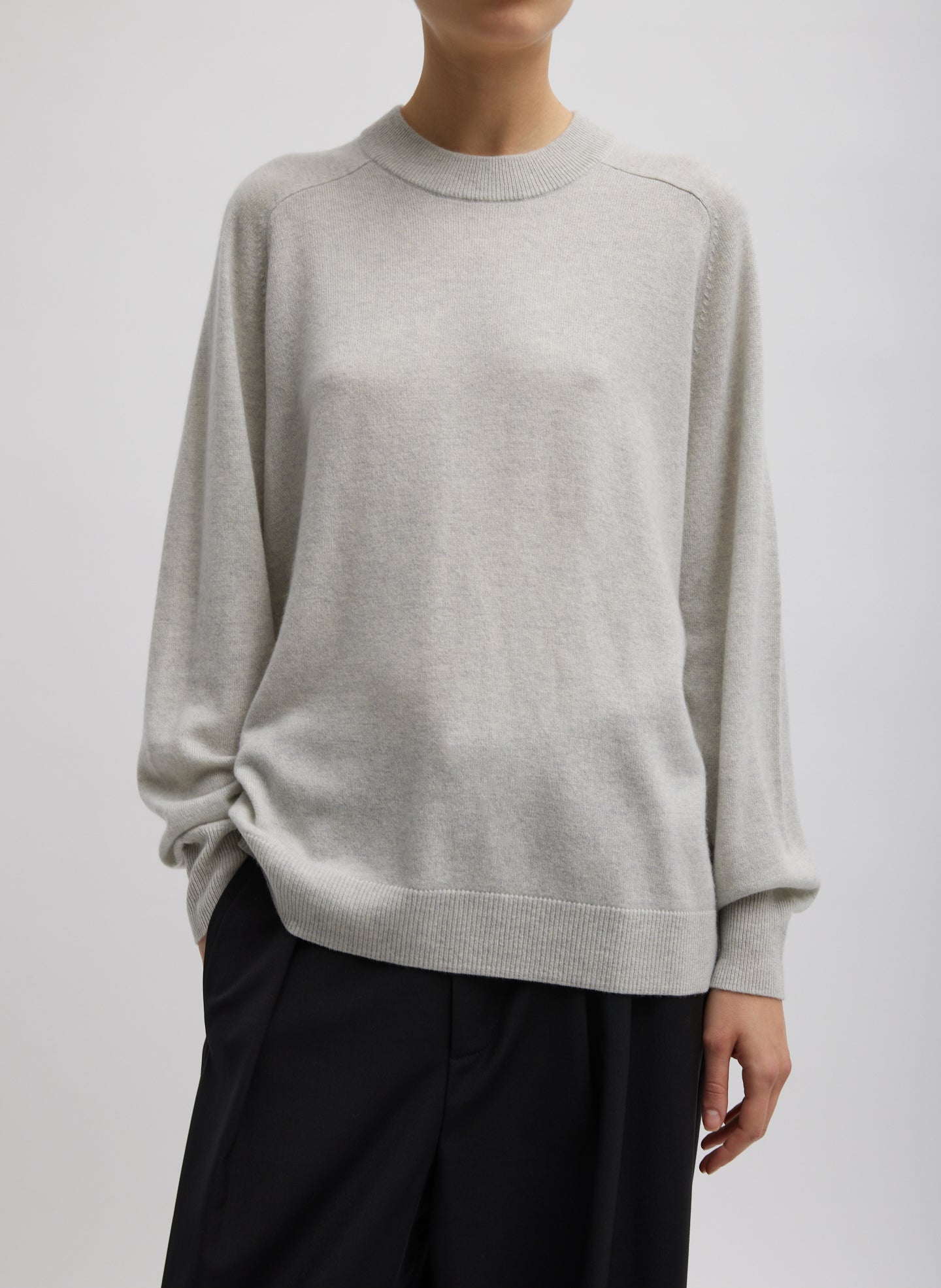 Washable Cashmere Crewneck Sweater - Light Heather Grey-1