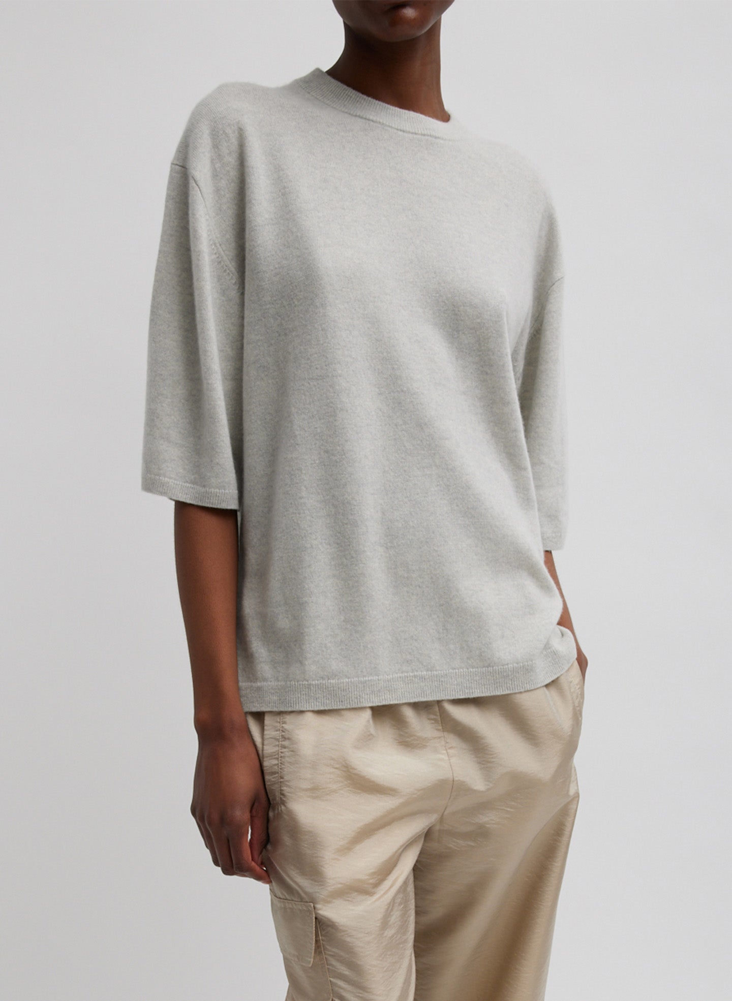 Washable Cashmere Oversized Easy T-Shirt - Light Heather Grey-1