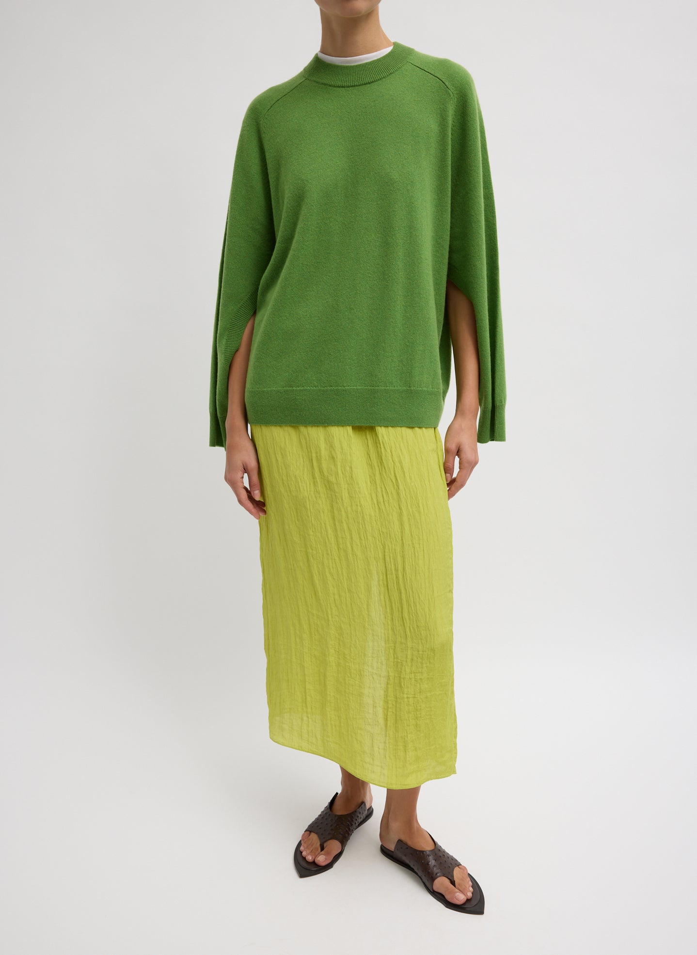 Avocado Green Washable Cashmere Crewneck Cutout Sleeve Sweater - full look, front view on model