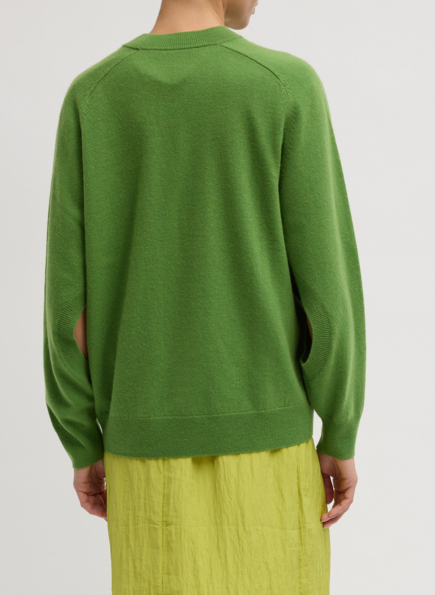 Avocado Green Washable Cashmere Crewneck Cutout Sleeve Sweater - relaxed fit, back view on model