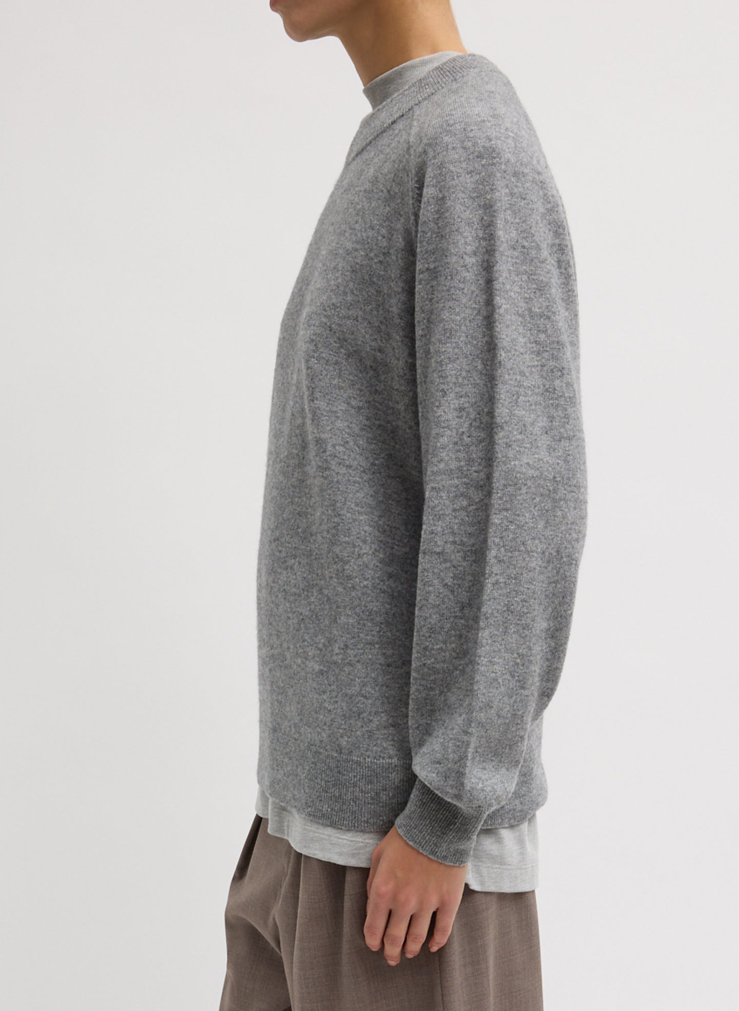Heather Grey Washable Cashmere Crewneck Cutout Sleeve Sweater - relaxed fit, side view on model