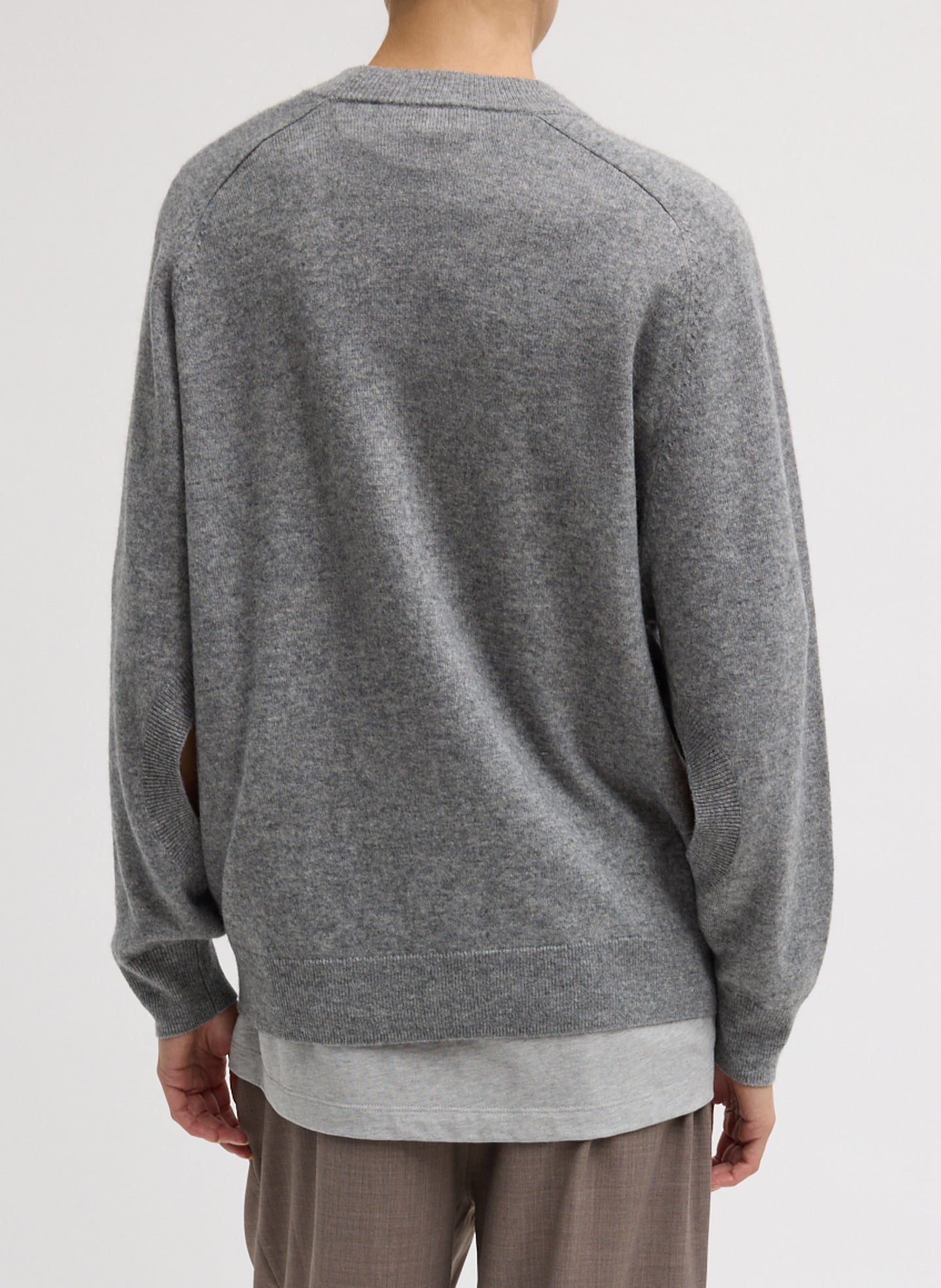Heather Grey Washable Cashmere Crewneck Cutout Sleeve Sweater - relaxed fit, back view on model