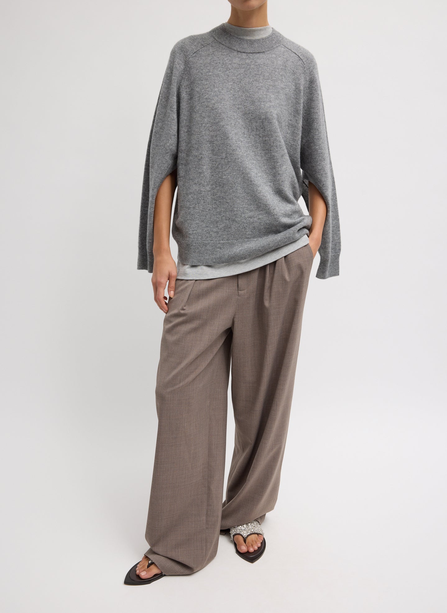 Heather Grey Washable Cashmere Crewneck Cutout Sleeve Sweater - full look, front view on model