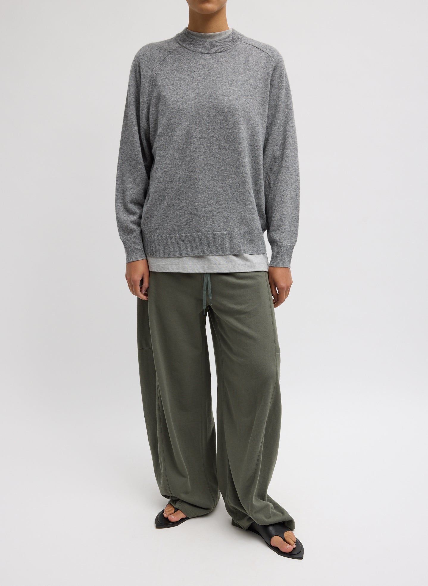 Heather Grey Washable Cashmere Crewneck Cutout Sleeve Sweater - full look, front view on model