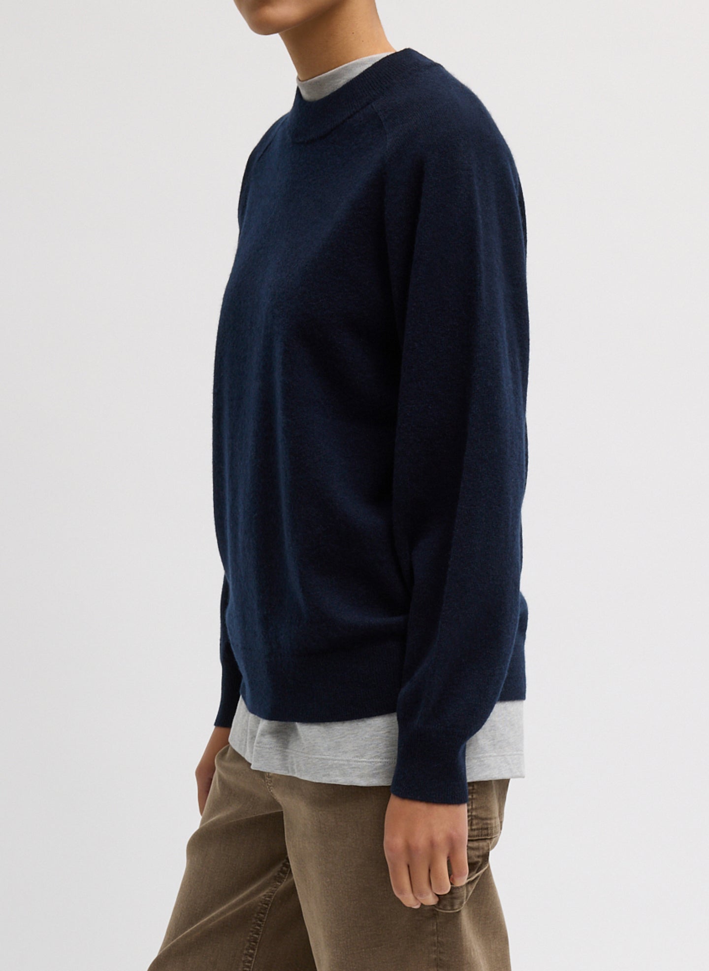 Navy Washable Cashmere Crewneck Cutout Sleeve Sweater - relaxed fit, side view on model