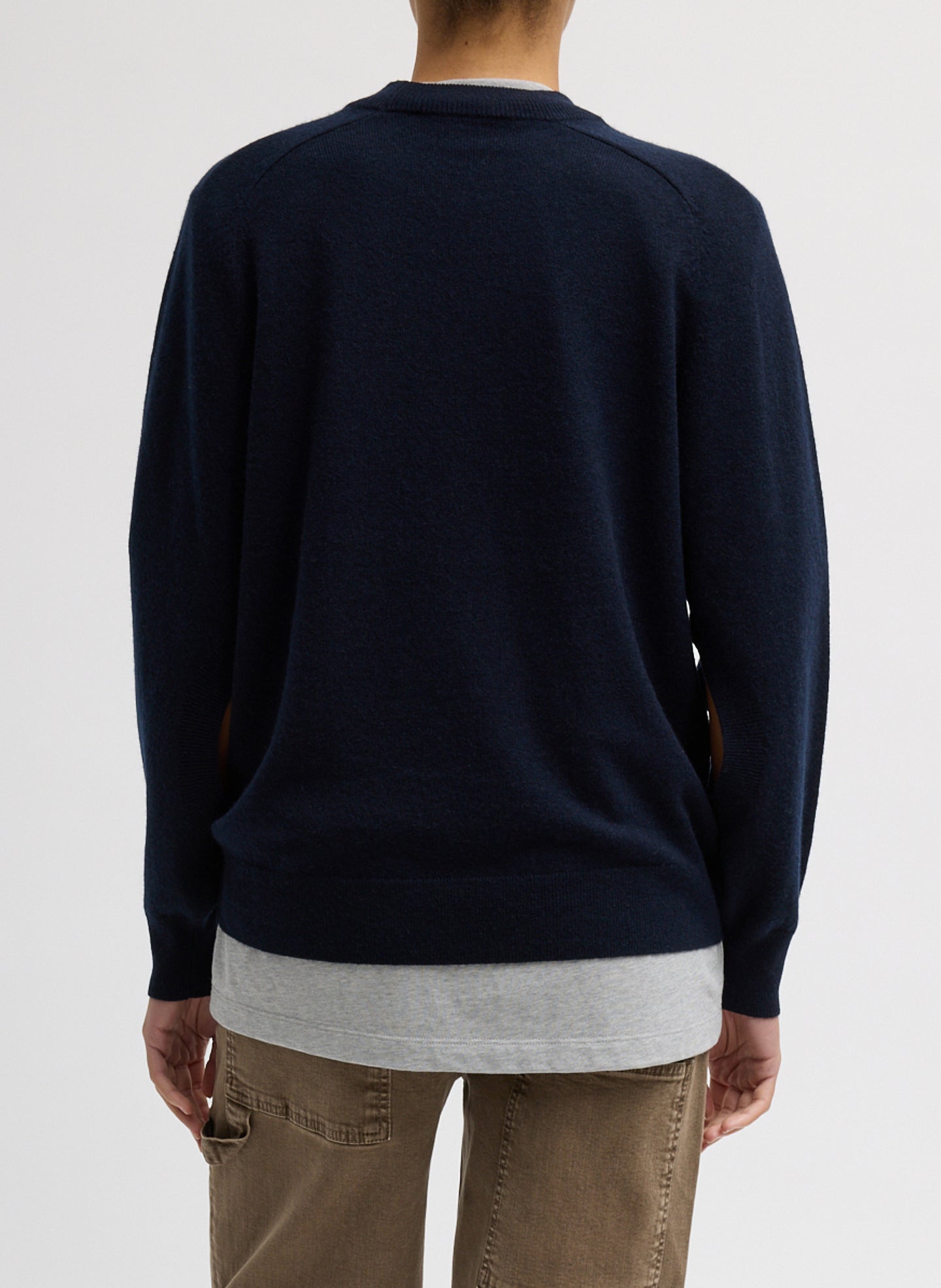Navy Washable Cashmere Crewneck Cutout Sleeve Sweater - relaxed fit, back view on model