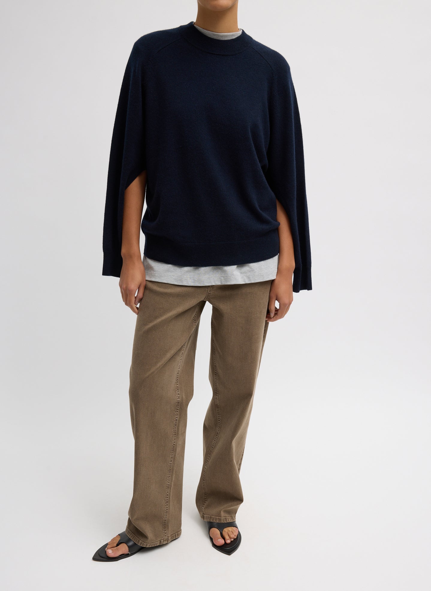 Navy Washable Cashmere Crewneck Cutout Sleeve Sweater - full look, front view on model
