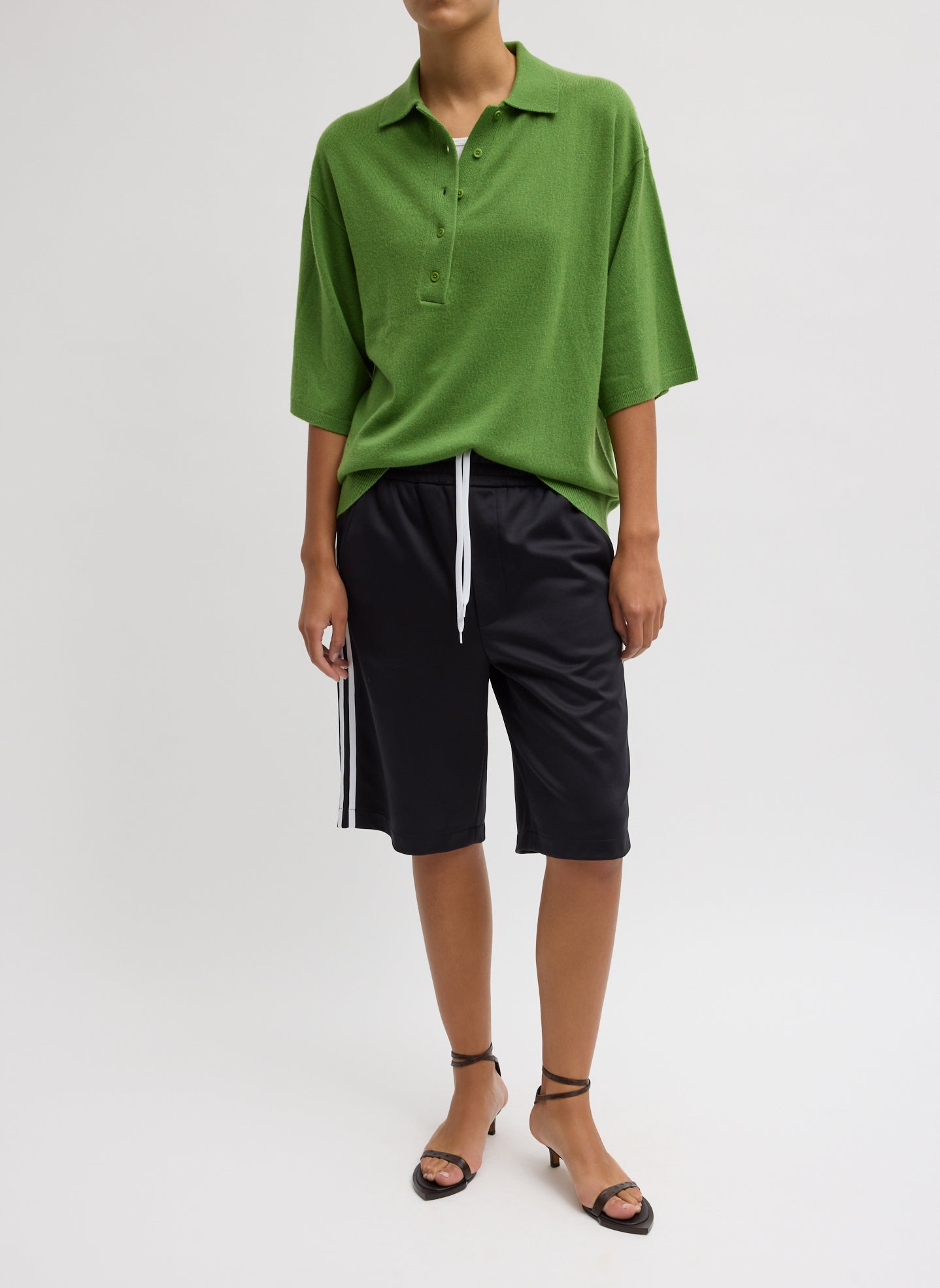 Avocado Green Washable Cashmere Oversized Easy Polo - full look, front view on model
