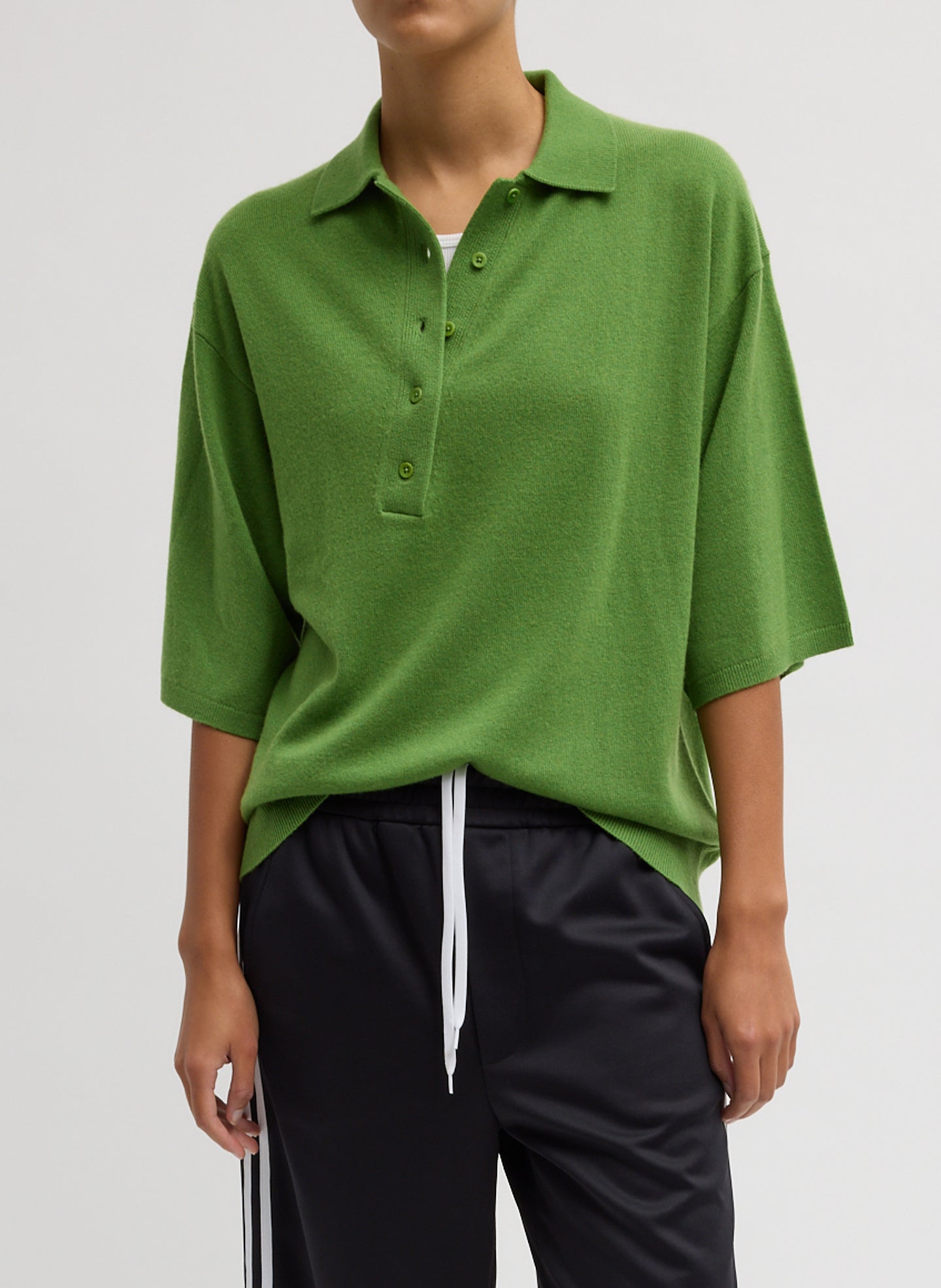 Washable Cashmere Oversized Easy Polo - Avocado Green Washable Cashmere Oversized Easy Polo - front view on model