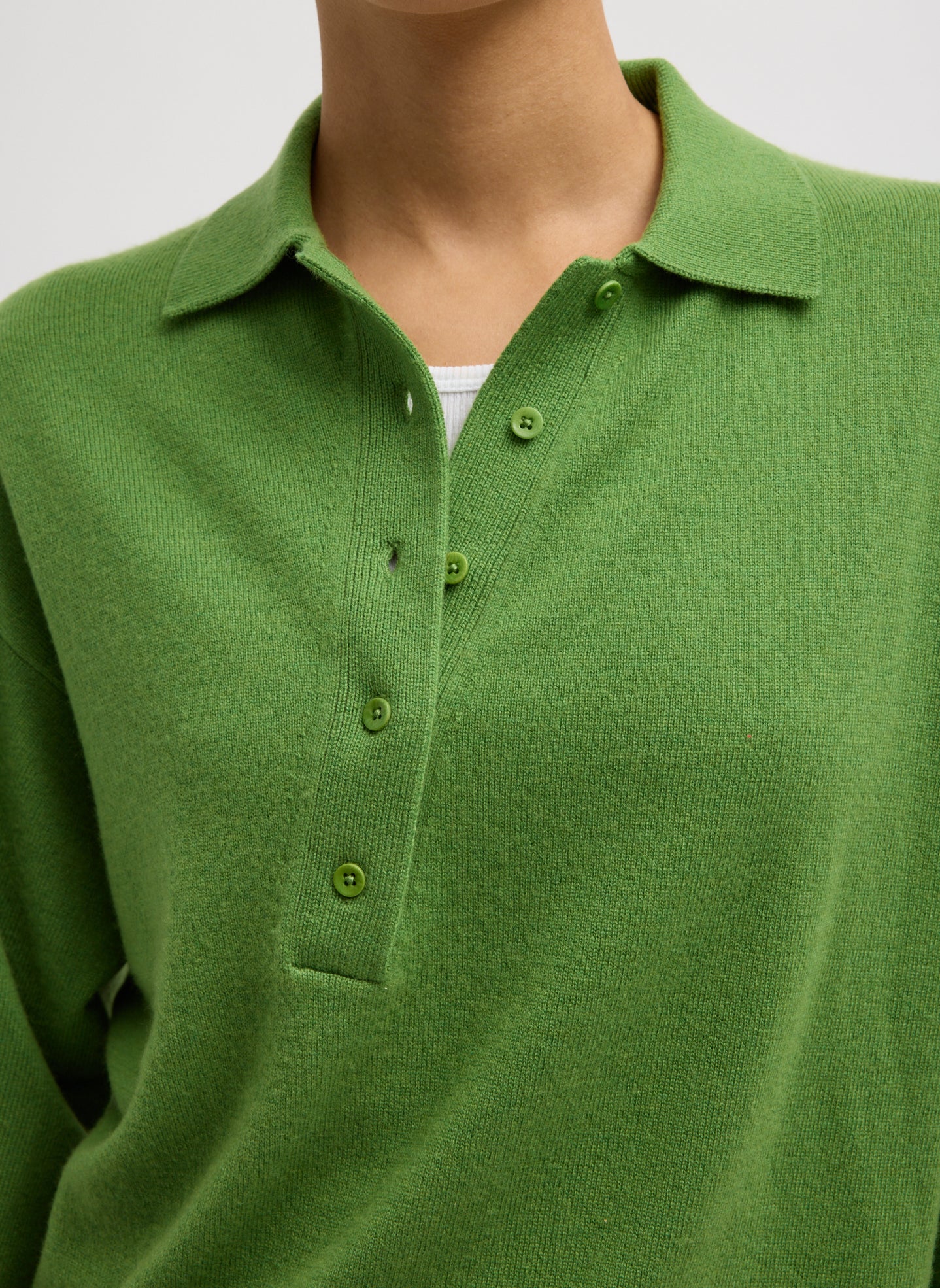 Avocado Green Washable Cashmere Oversized Easy Polo - closeup of asymmetrical collar detail