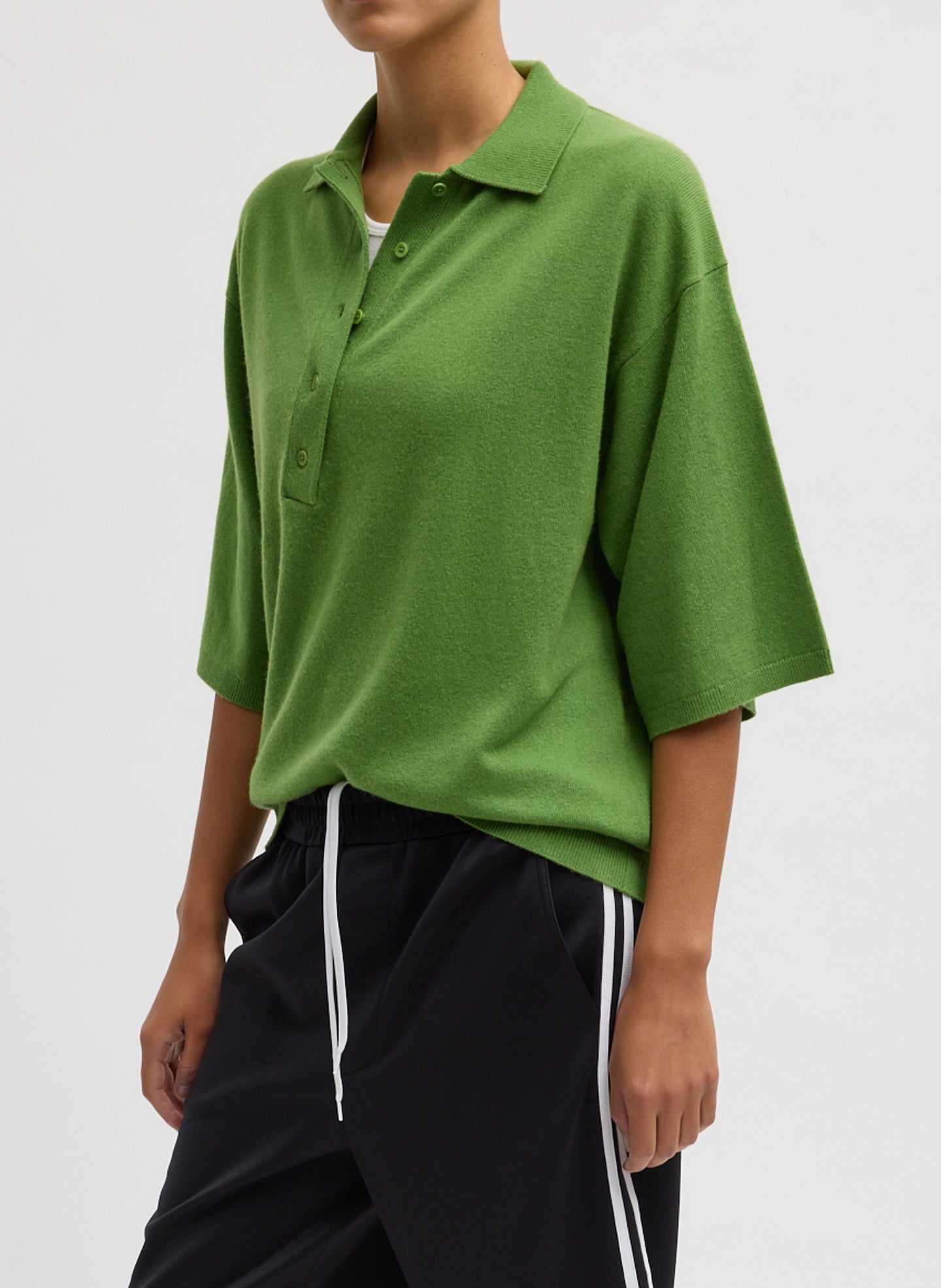 Avocado Green Washable Cashmere Oversized Easy Polo - side view on model
