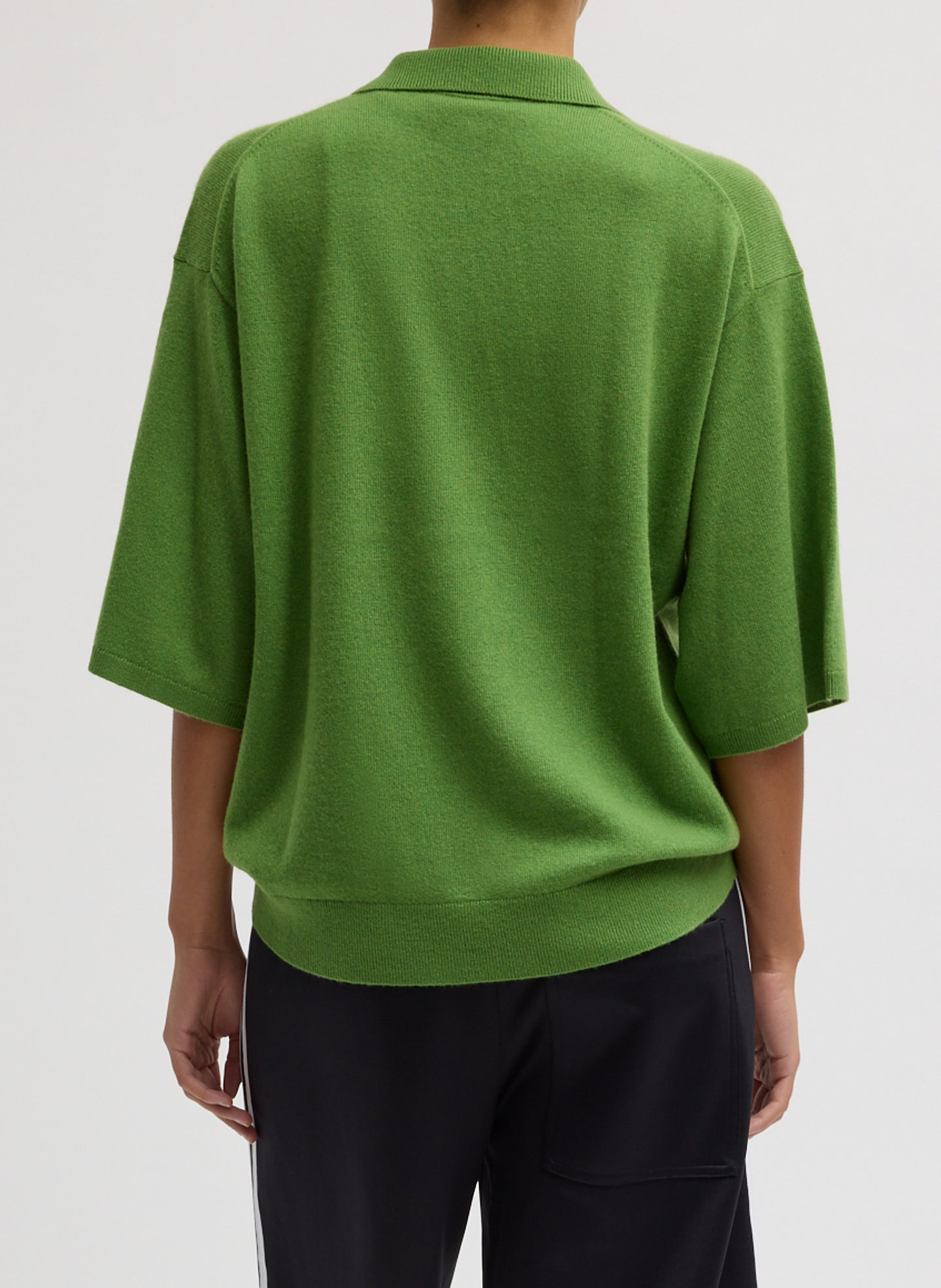 Avocado Green Washable Cashmere Oversized Easy Polo - back view on model