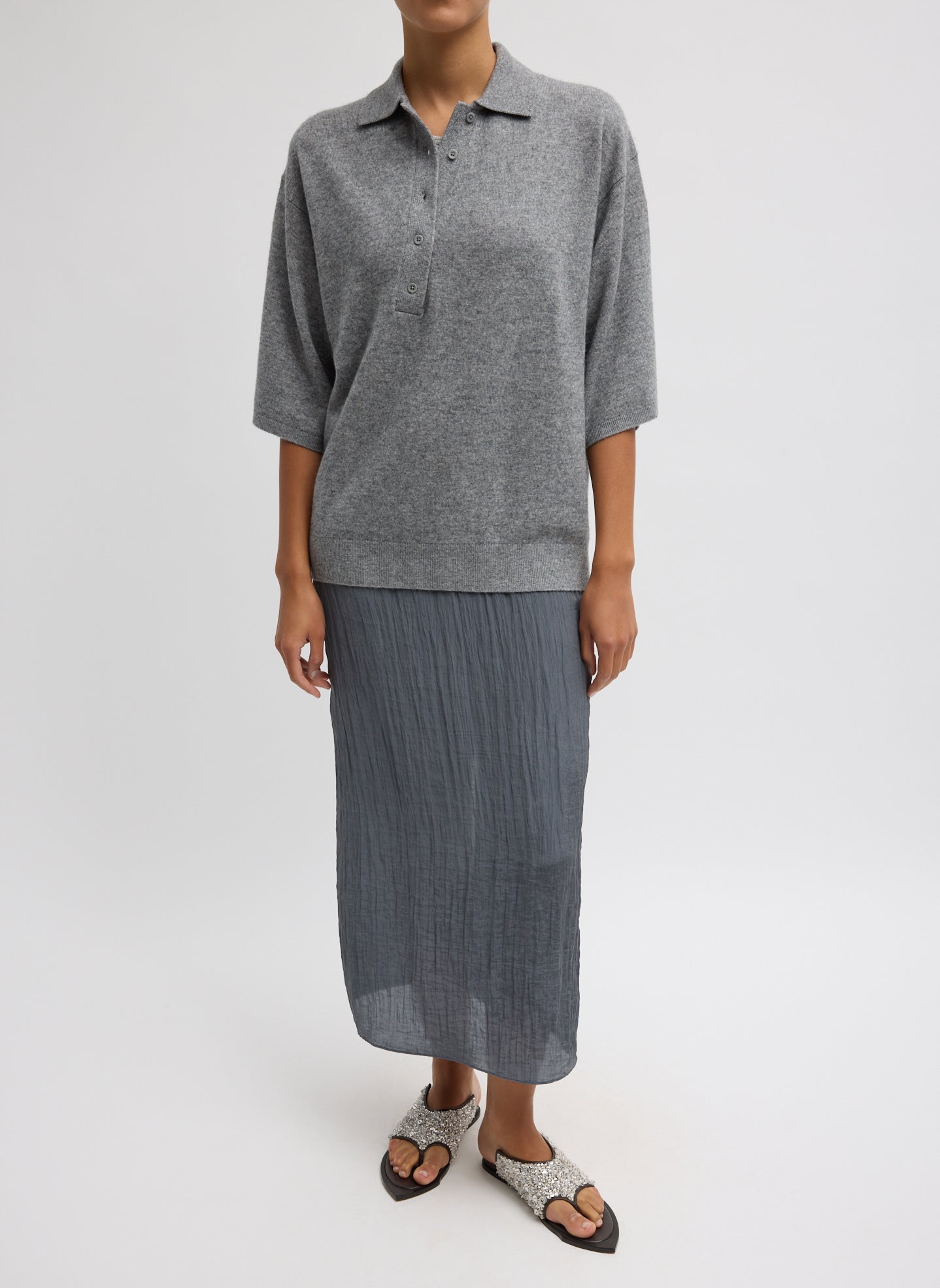 Heather Grey Washable Cashmere Oversized Easy Polo - full look, front view on model