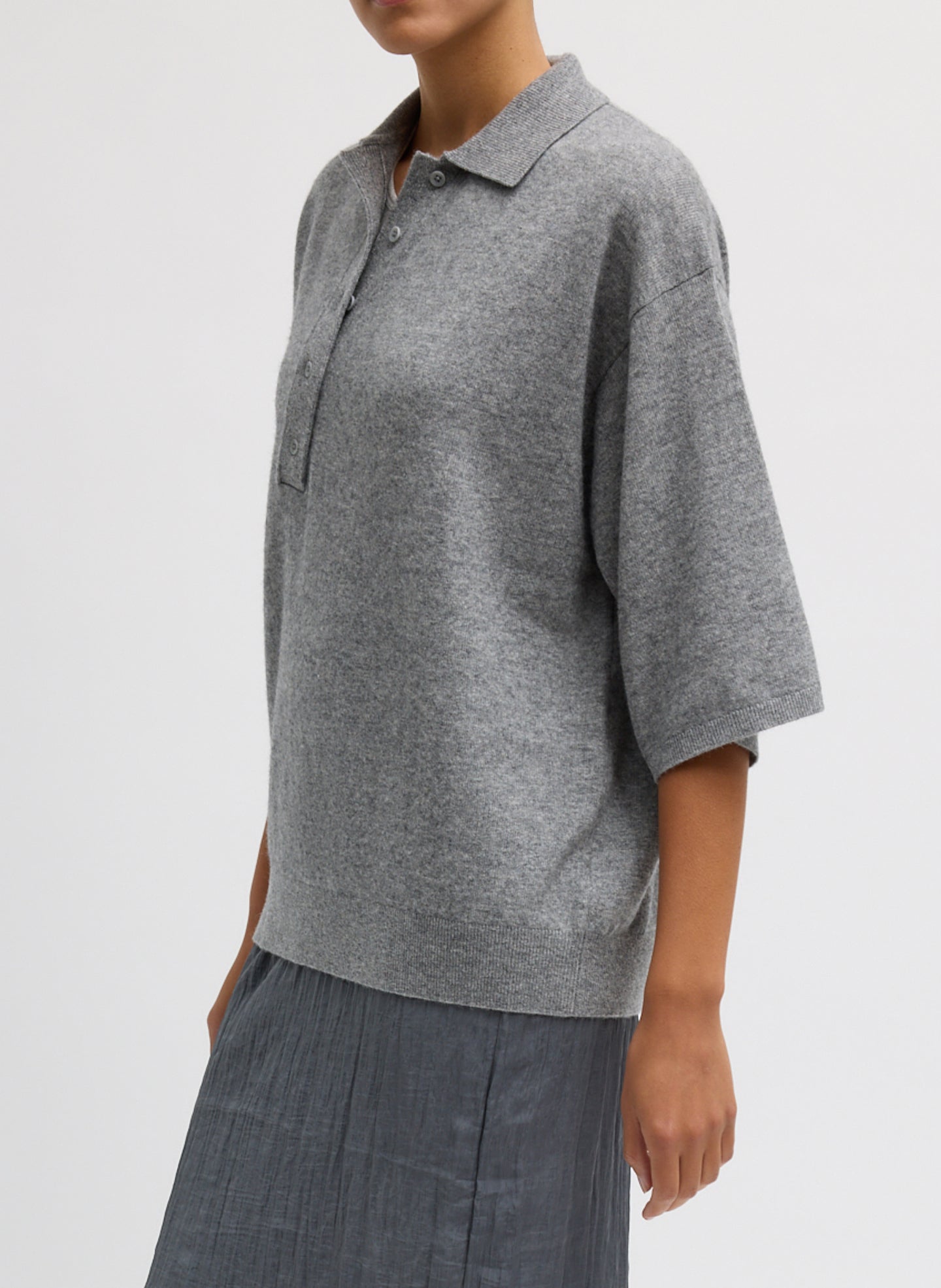 Heather Grey Washable Cashmere Oversized Easy Polo - side view on model