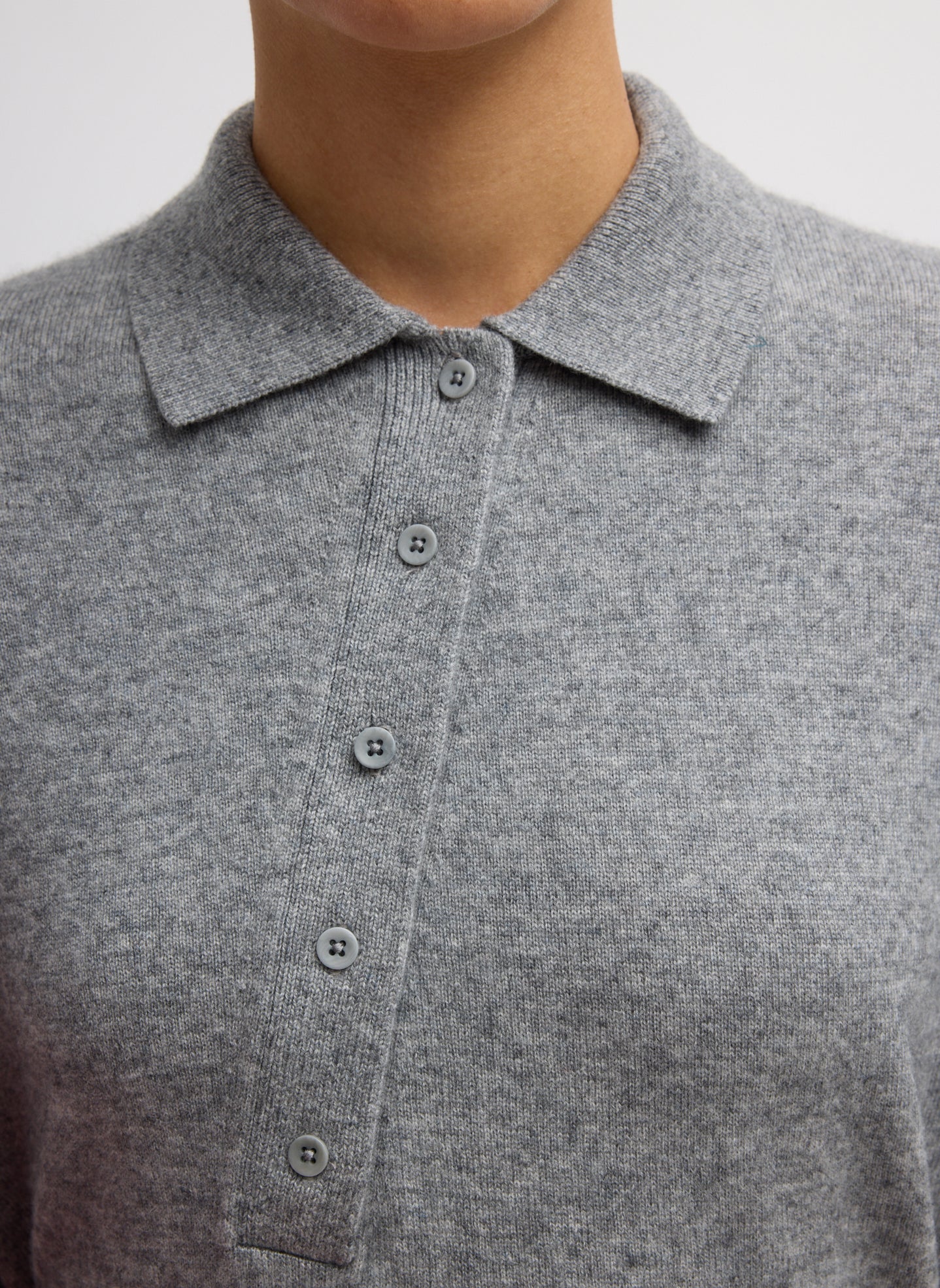 Heather Grey Washable Cashmere Oversized Easy Polo - closeup of asymmetrical collar detail