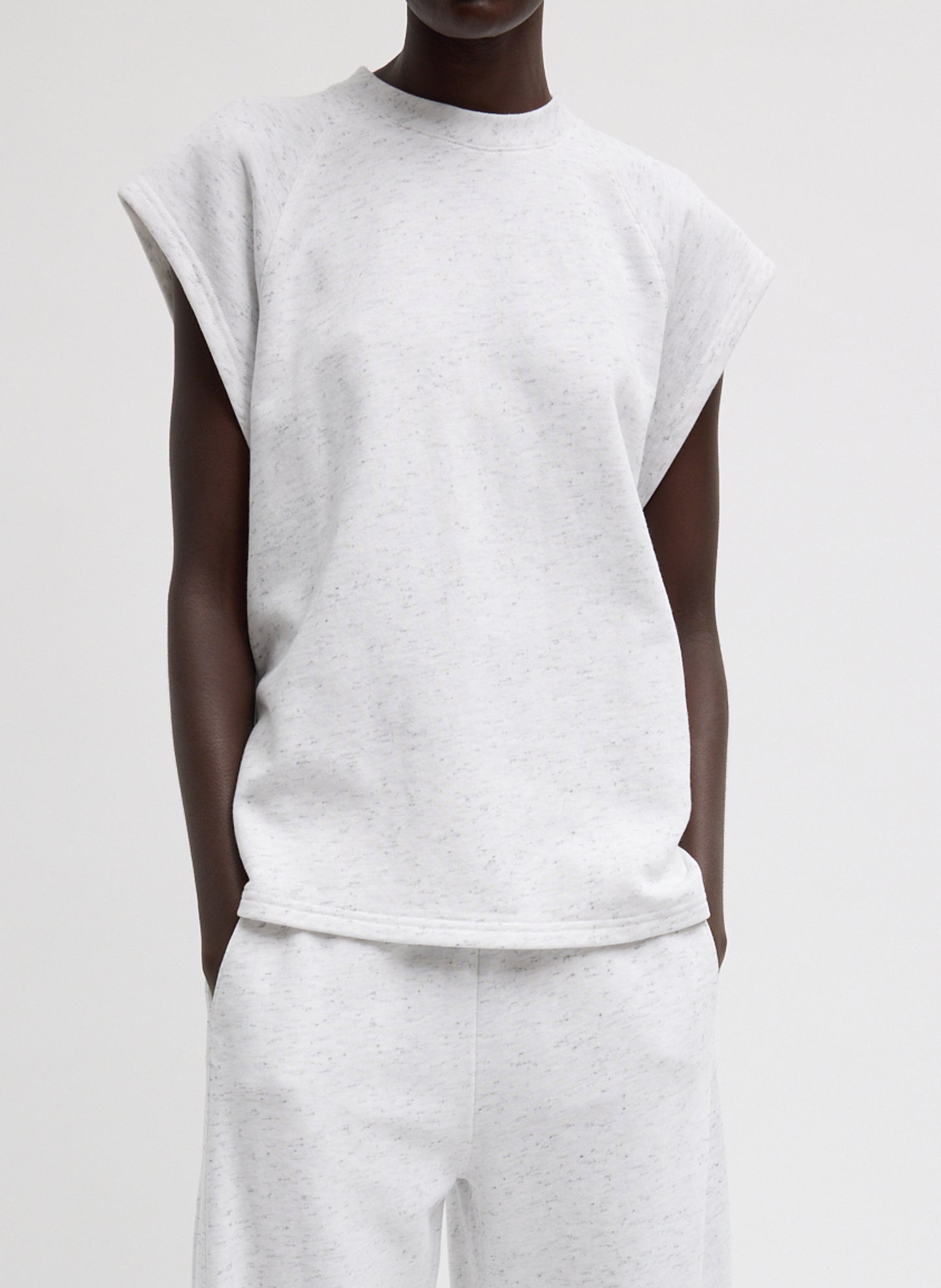 White Multi Spring Tweedy Sweatshirting Sleeveless Easy Top - sleeveless sweatshirt, front view on model