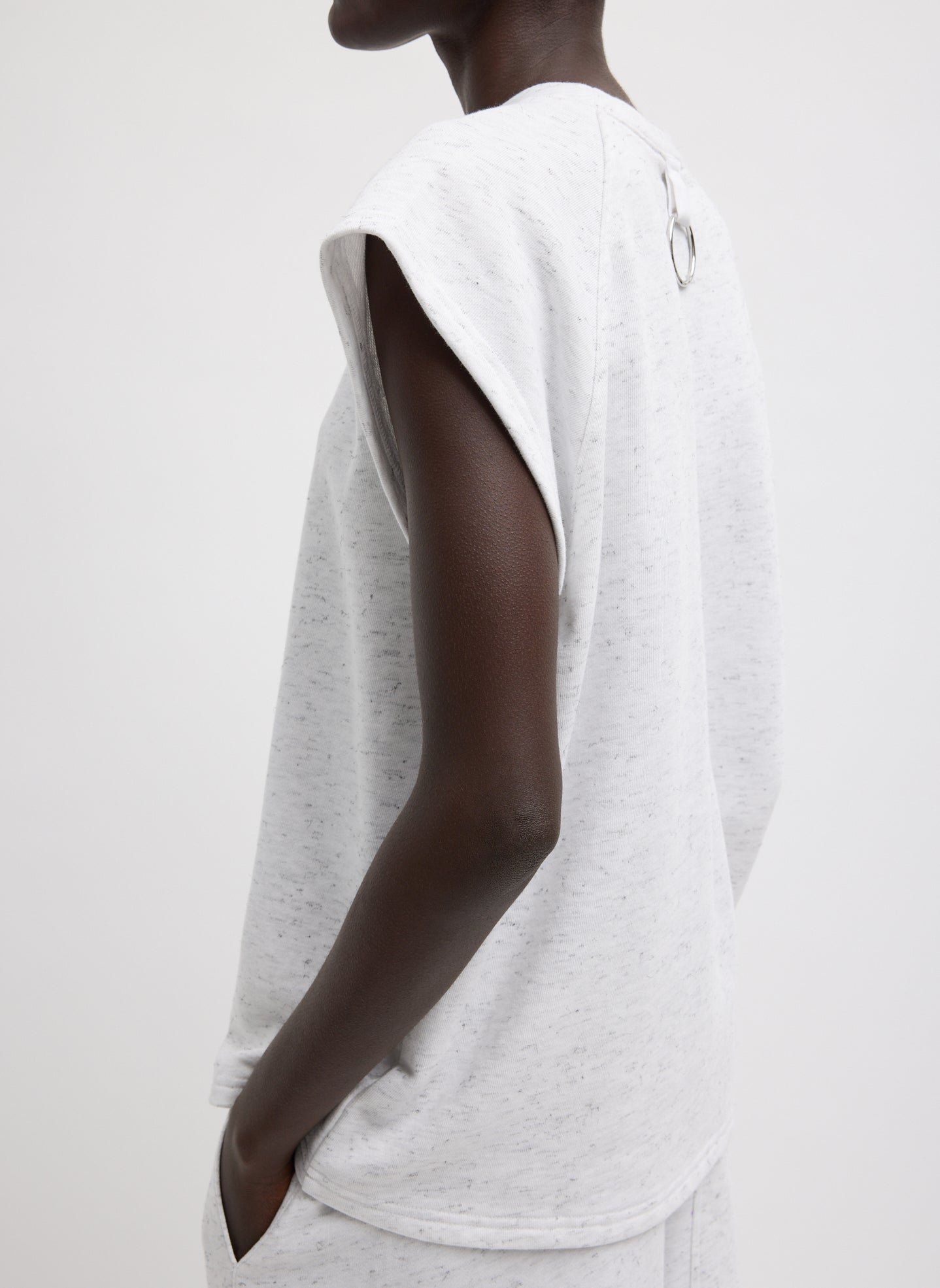 White Multi Spring Tweedy Sweatshirting Sleeveless Easy Top - sleeveless sweatshirt, side view on model