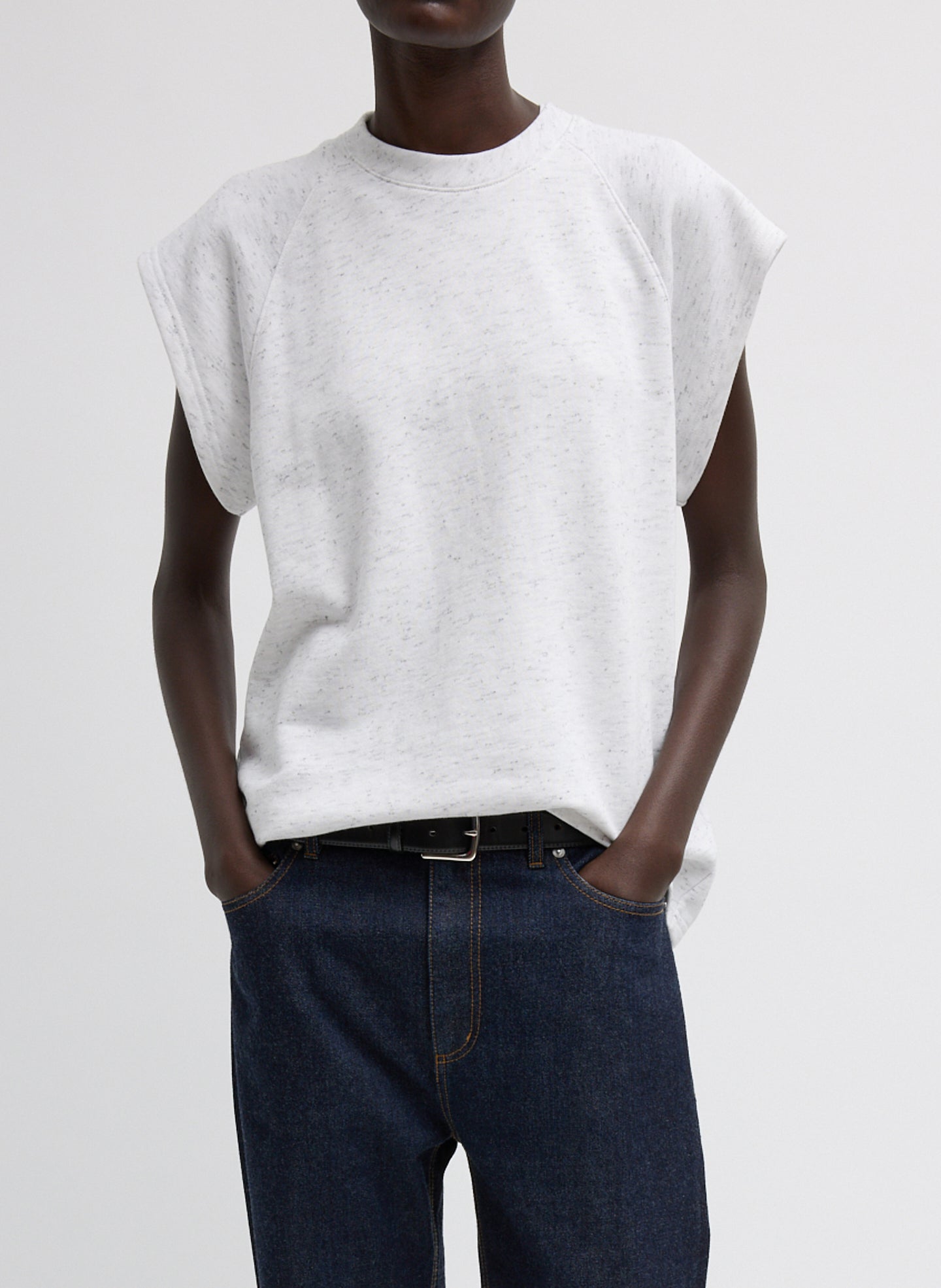 White Multi Spring Tweedy Sweatshirting Sleeveless Easy Top - sleeveless sweatshirt, front view on model