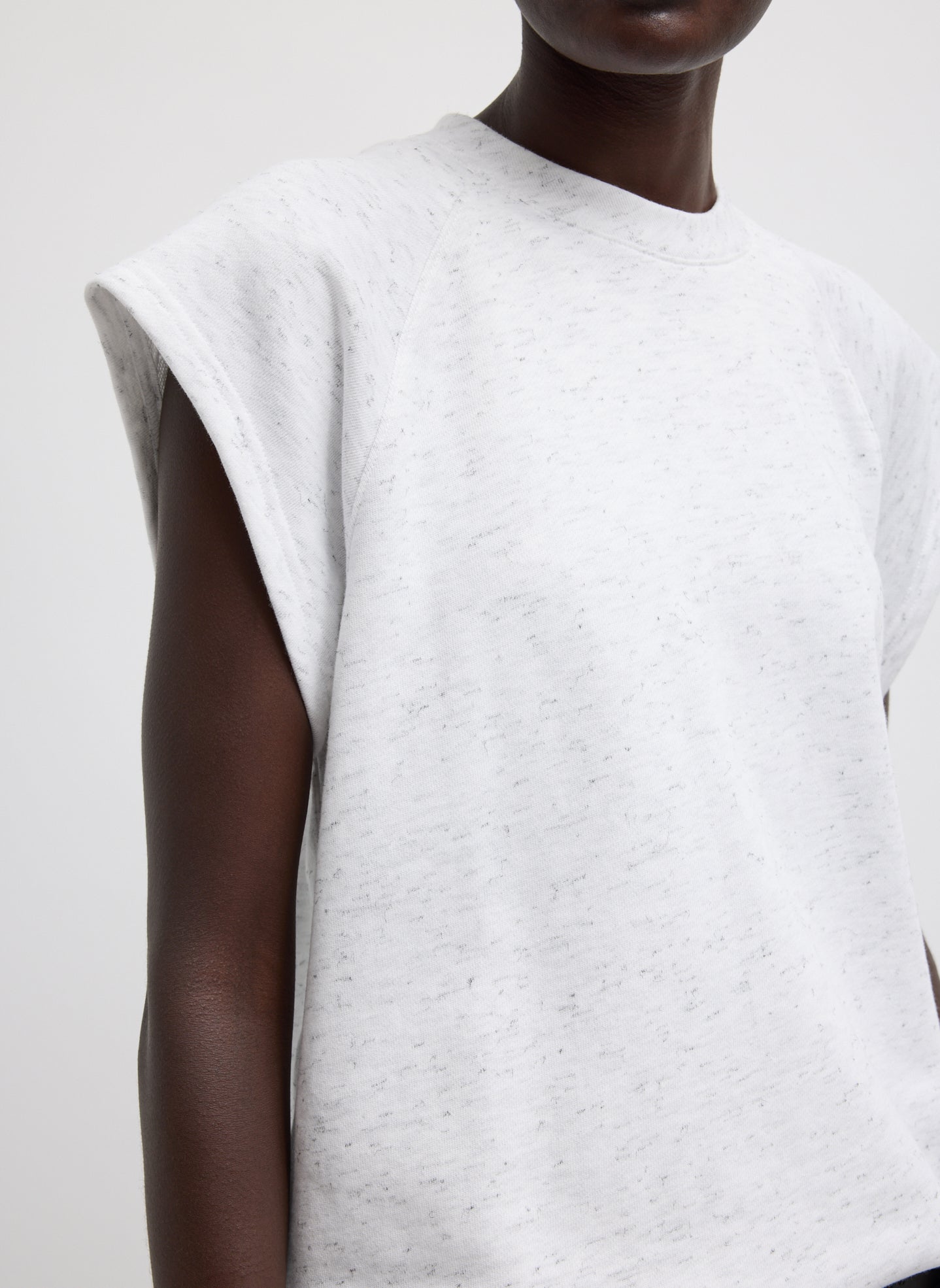 White Multi Spring Tweedy Sweatshirting Sleeveless Easy Top -closeup of sleeve detail