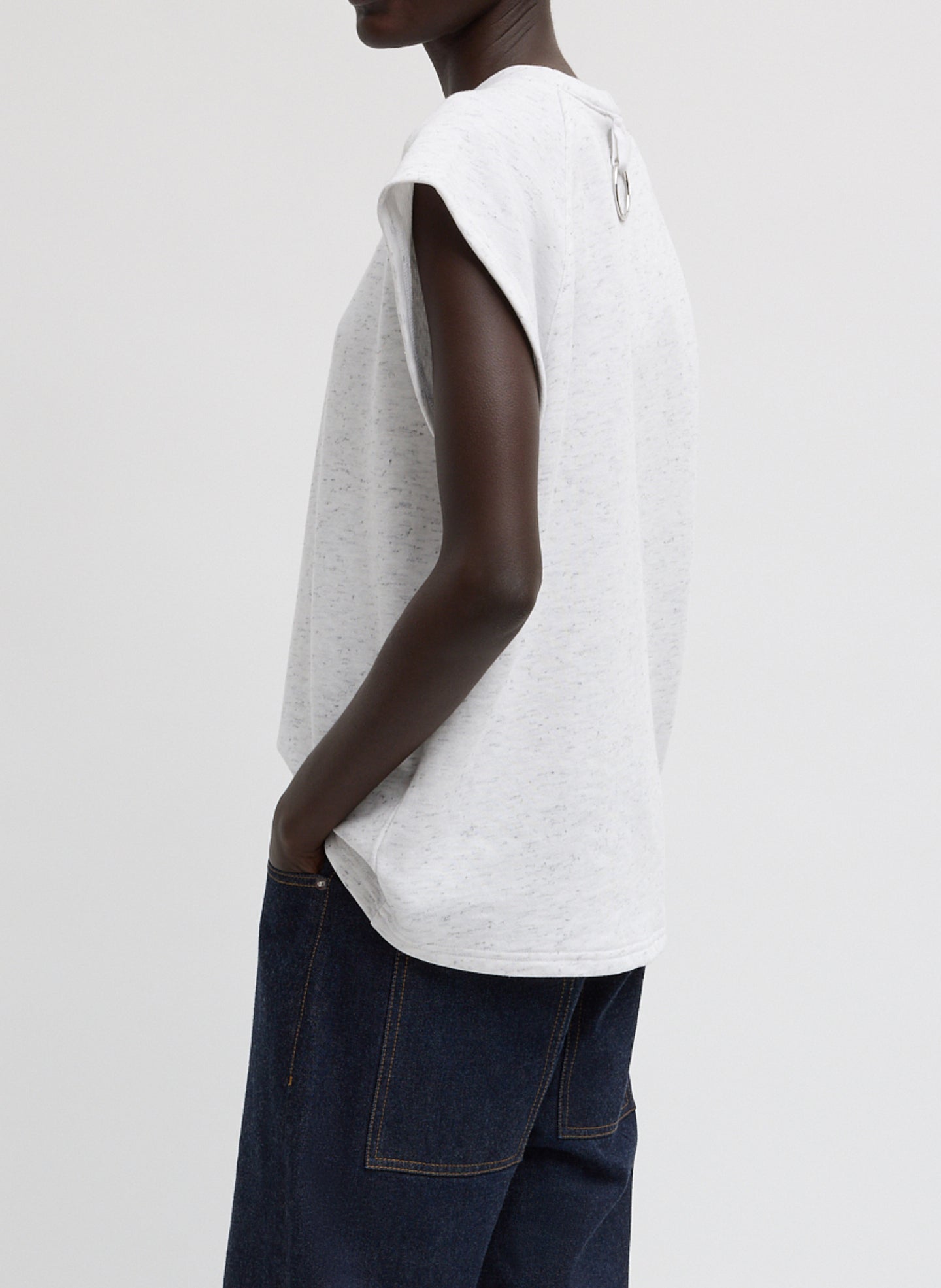 White Multi Spring Tweedy Sweatshirting Sleeveless Easy Top - sleeveless sweatshirt, side view on model