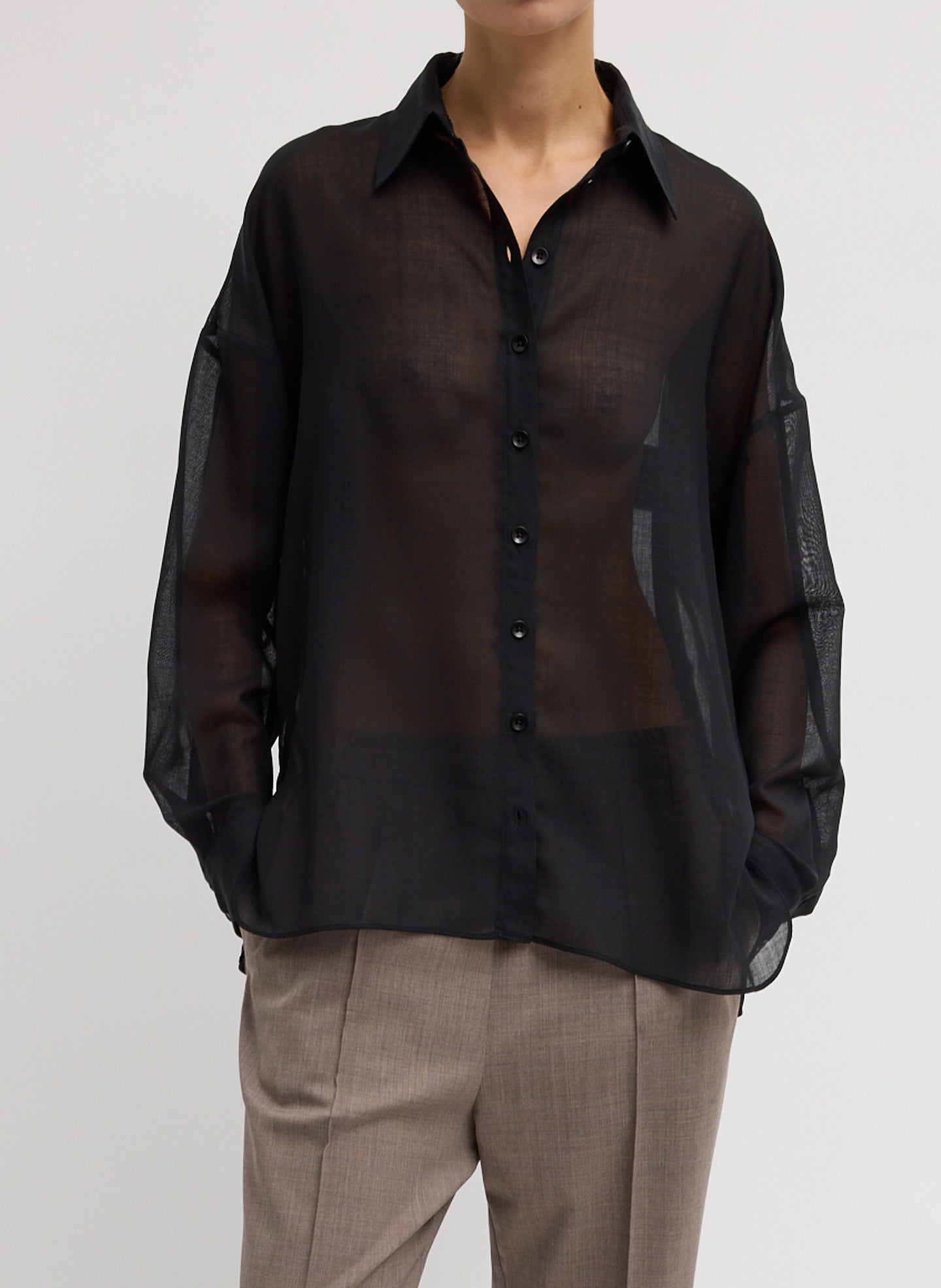 Sheer Wool Gauze Oversized Shirt - Black Sheer Wool Gauze Oversized Shirt - button down top, front view on model