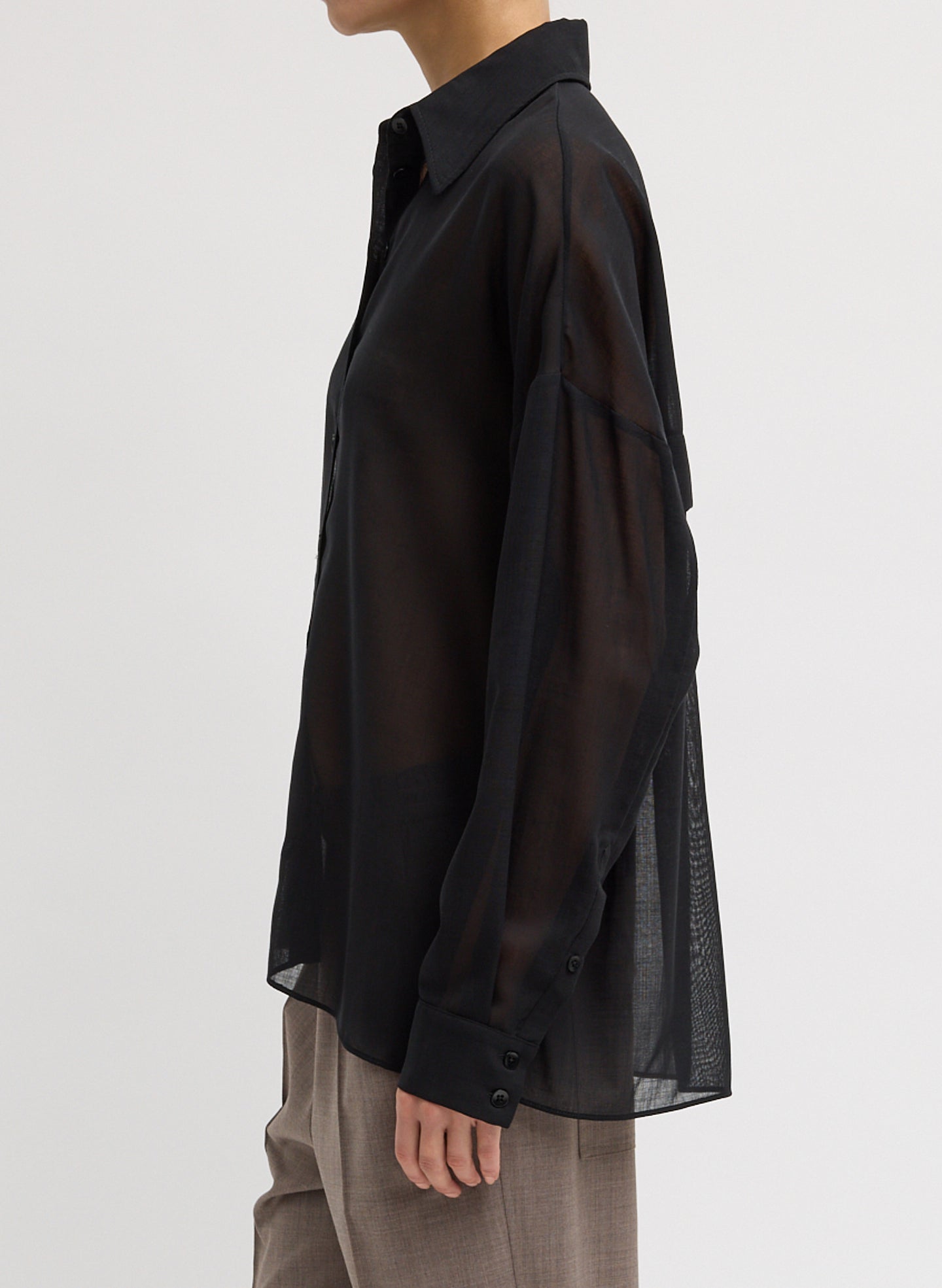 Black Sheer Wool Gauze Oversized Shirt - button down top, side view on model