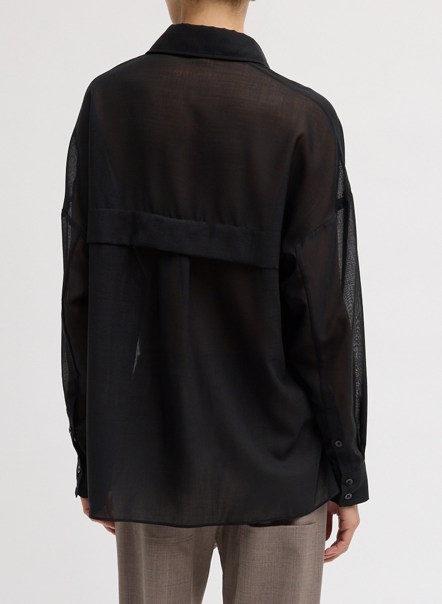 Black Sheer Wool Gauze Oversized Shirt - button down top, back view on model