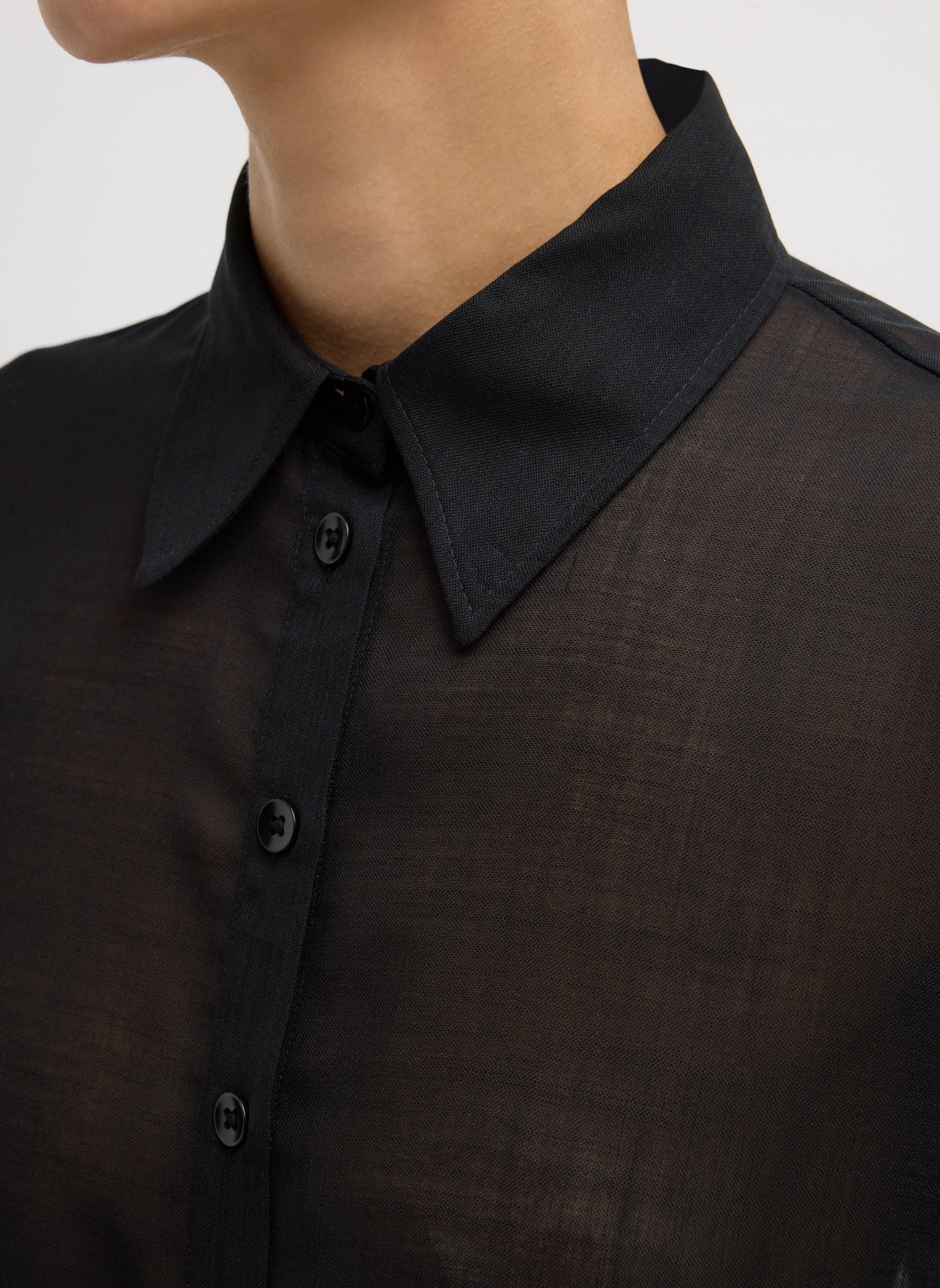 Black Sheer Wool Gauze Oversized Shirt - closeup of collar