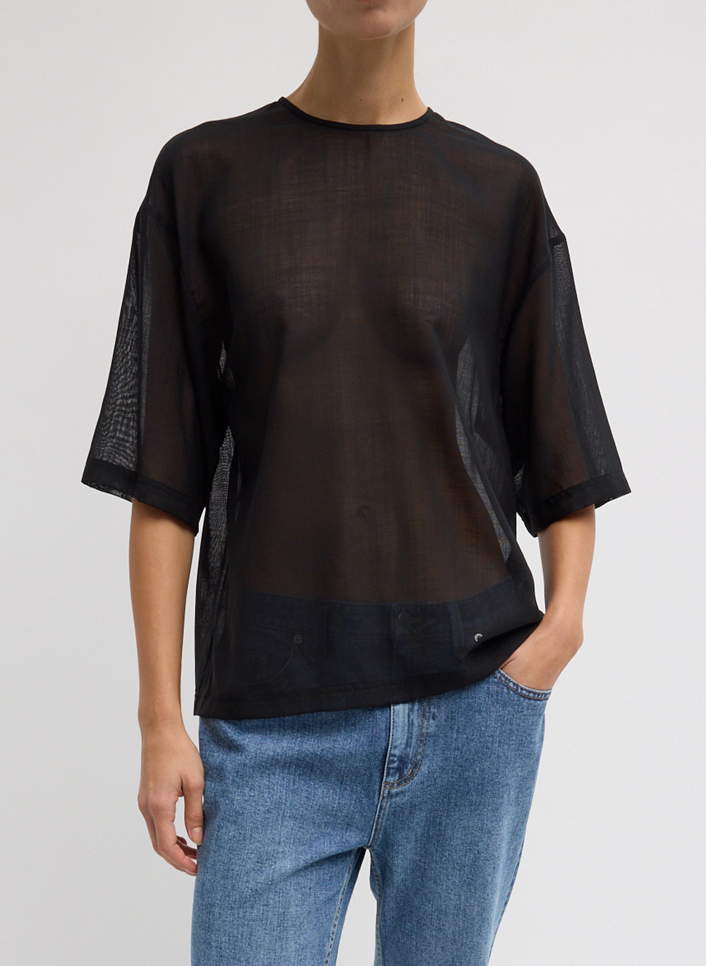 Sheer Wool Gauze Easy T-Shirt - Black Sheer Wool Gauze Easy T-Shirt - oversized tee, front view on model