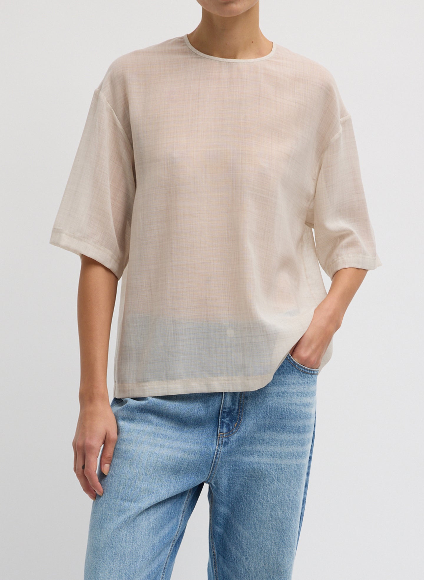 Sheer Wool Gauze Easy T-Shirt - Oatmeal Melange Sheer Wool Gauze Easy T-Shirt - oversized tee, front view on model