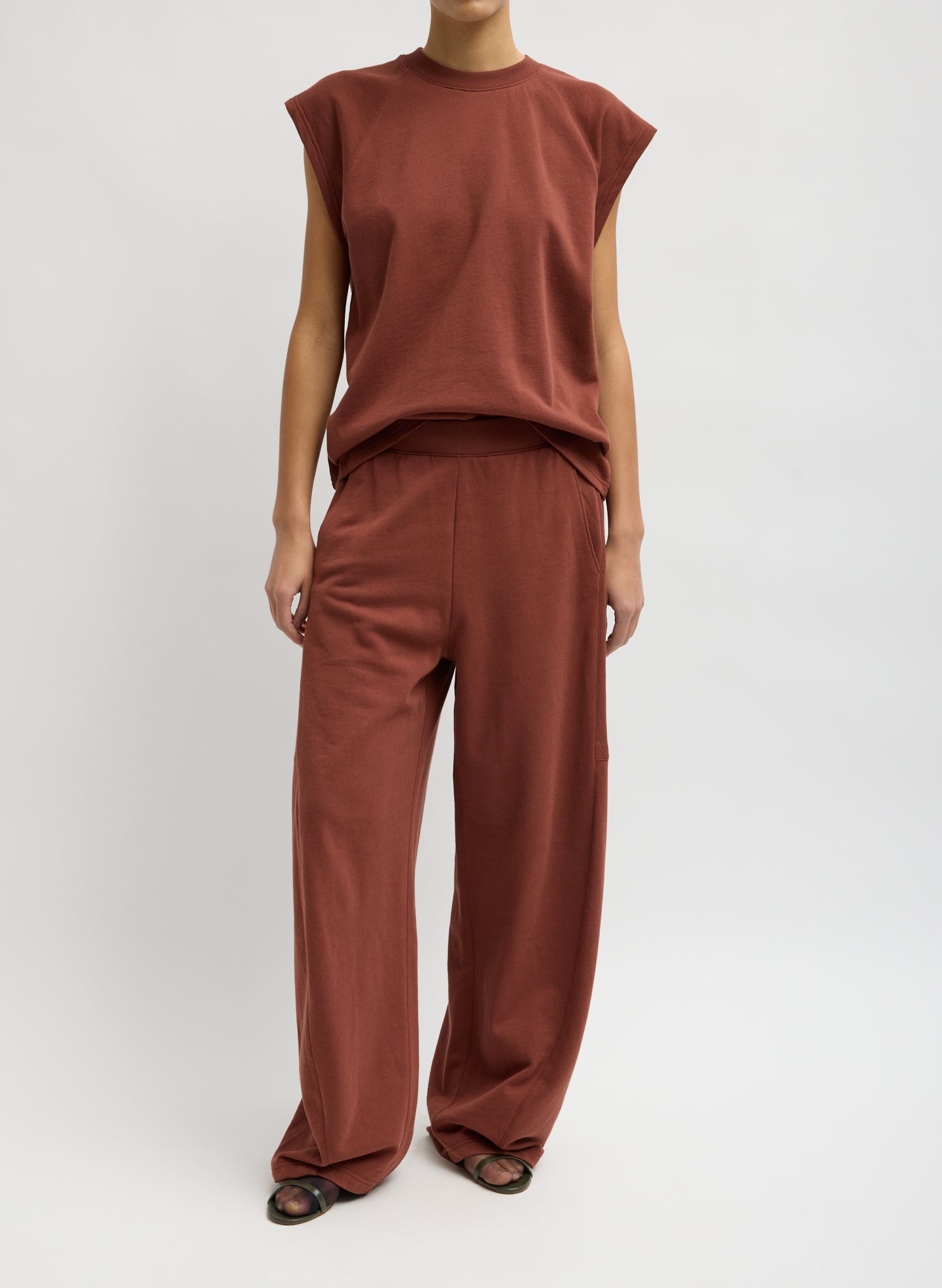 Red Clay Light Weight Sweatshirting Winslow Pant - barrel leg sweatpant, front view on model