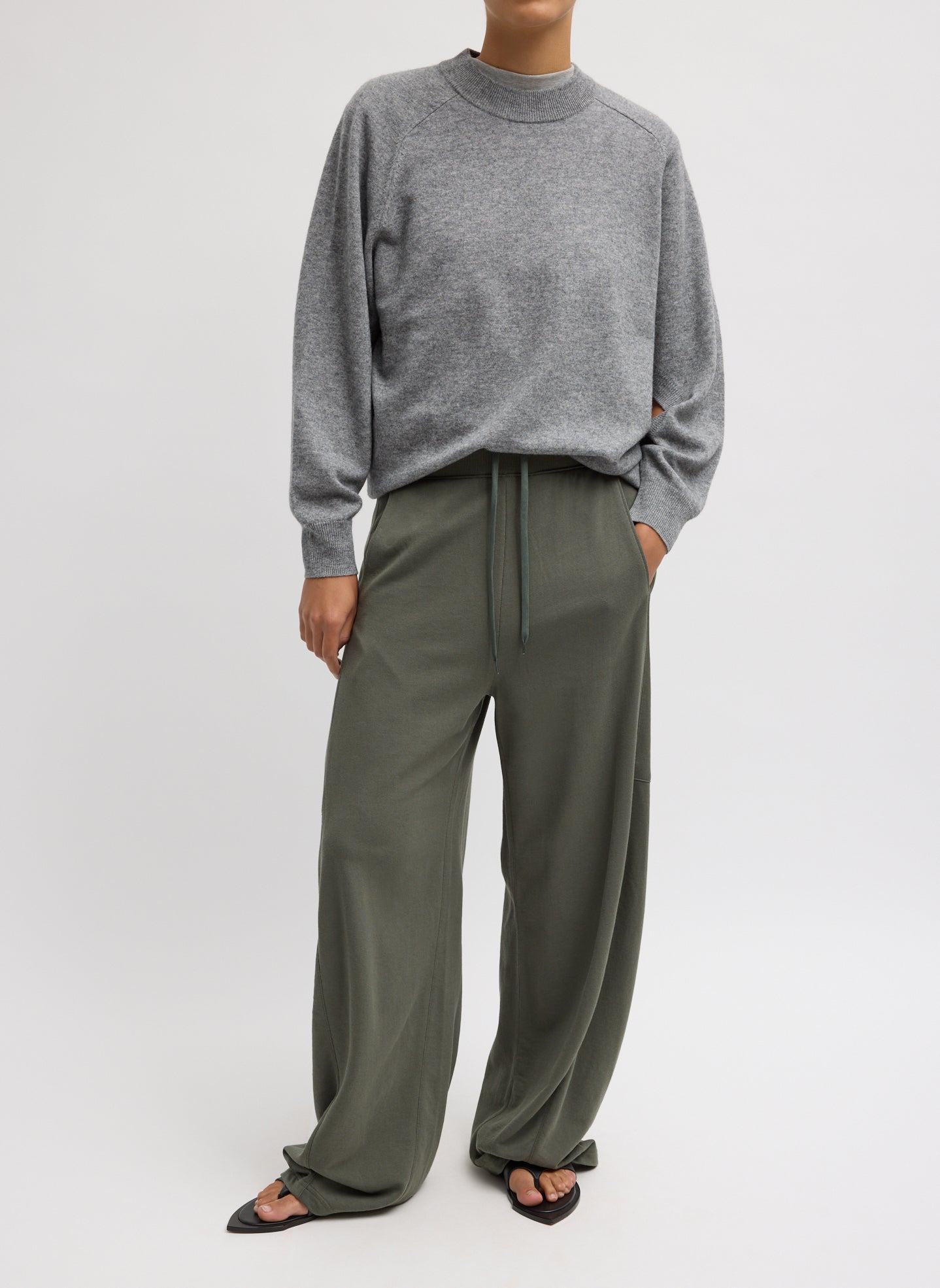 Light Weight Sweatshirting Winslow Pant - Olive Green Light Weight Sweatshirting Winslow Pant - barrel leg sweatpant, front view on model