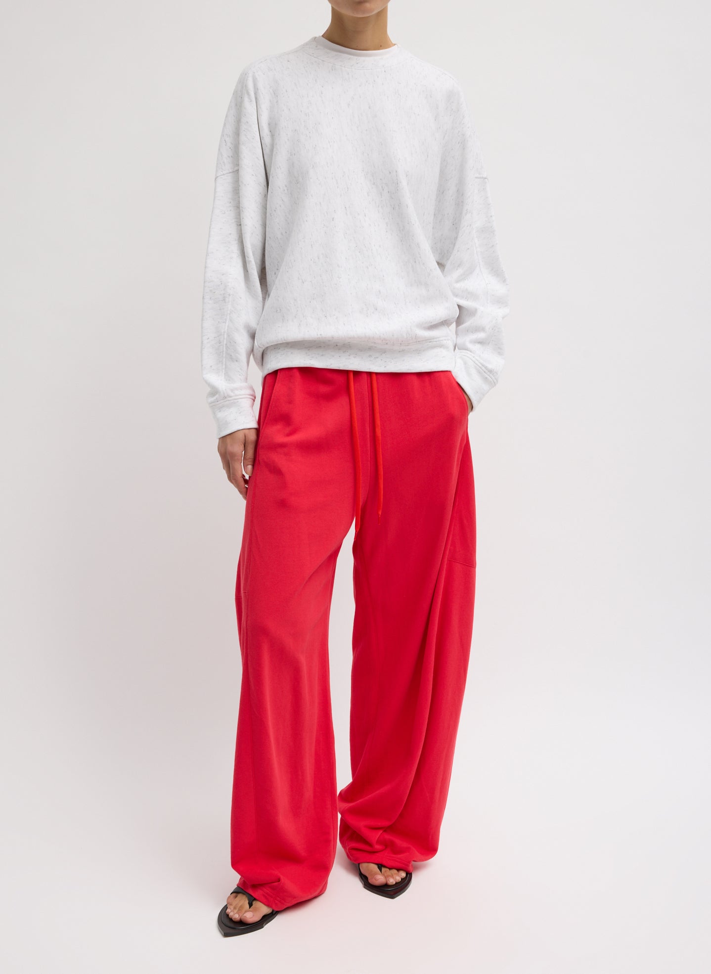 Light Weight Sweatshirting Winslow Pant - Red Light Weight Sweatshirting Winslow Pant - barrel leg sweatpant, front view on model