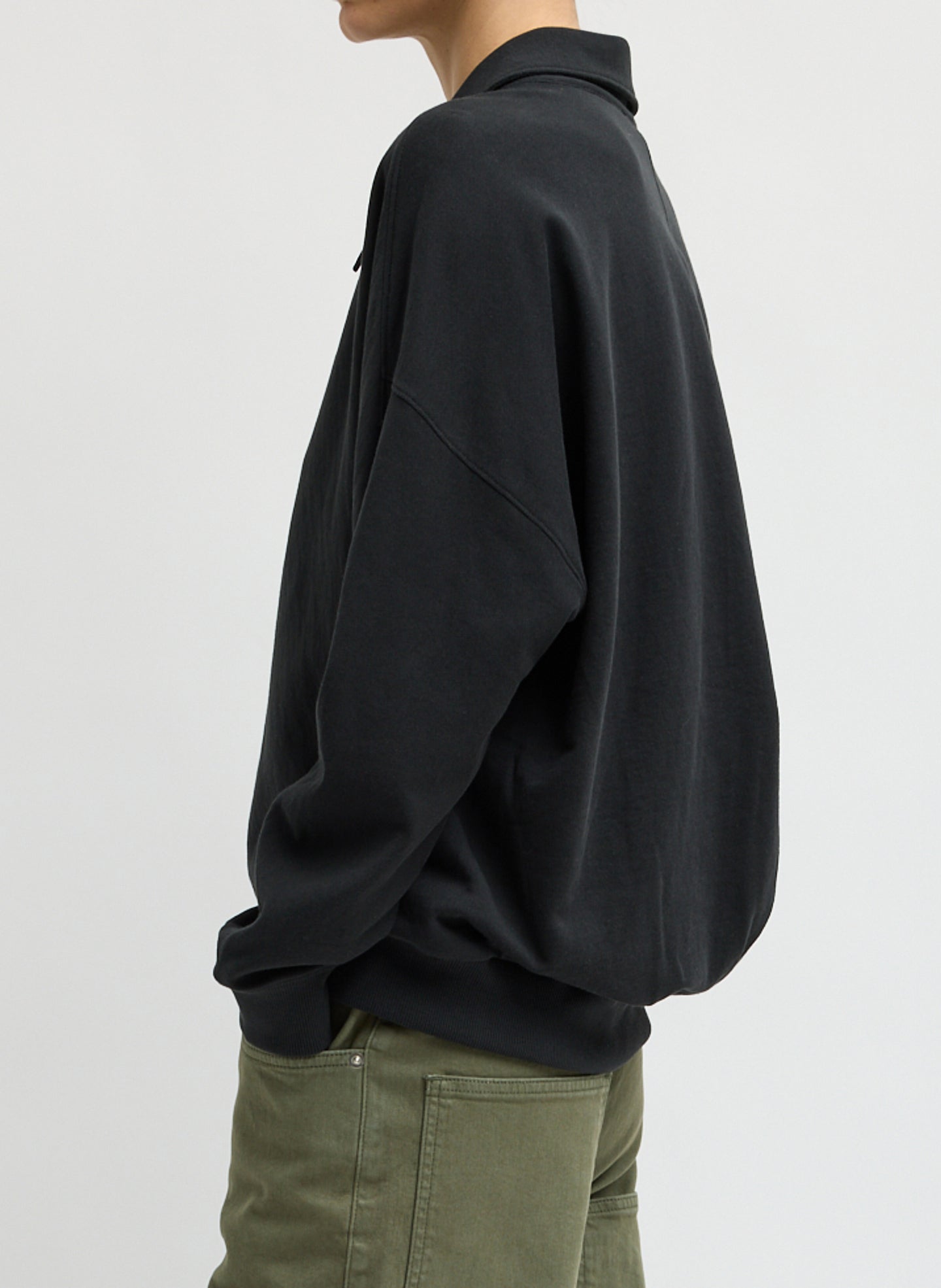Black Light Weight Sweatshirting Polo Collar Sweatshirt - side view on model