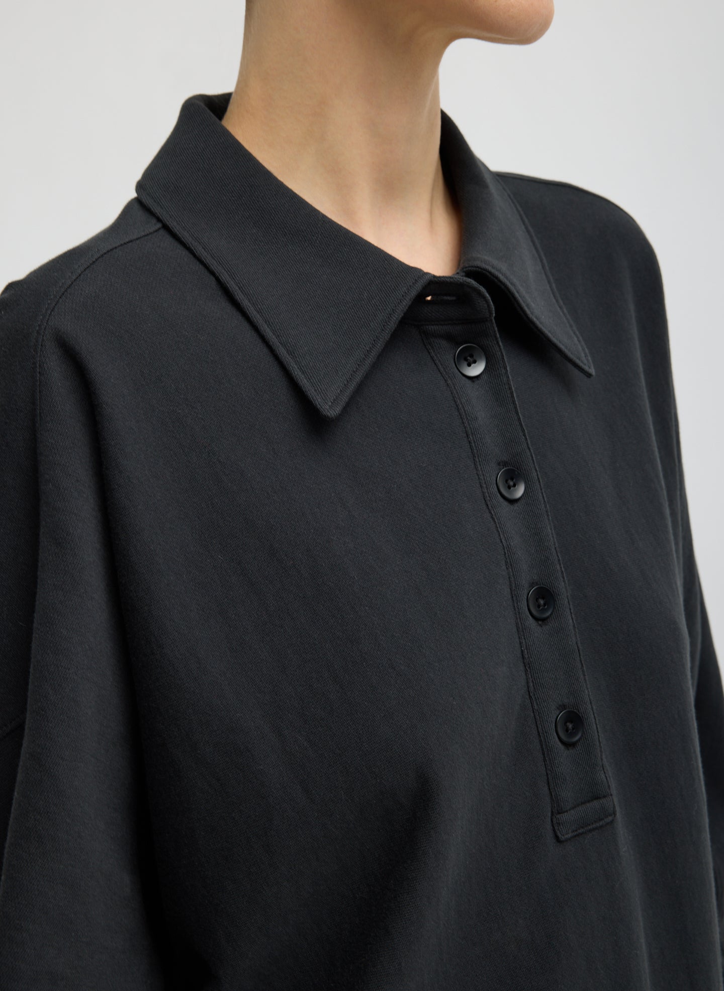 Black Light Weight Sweatshirting Polo Collar Sweatshirt - closeup of collar detail
